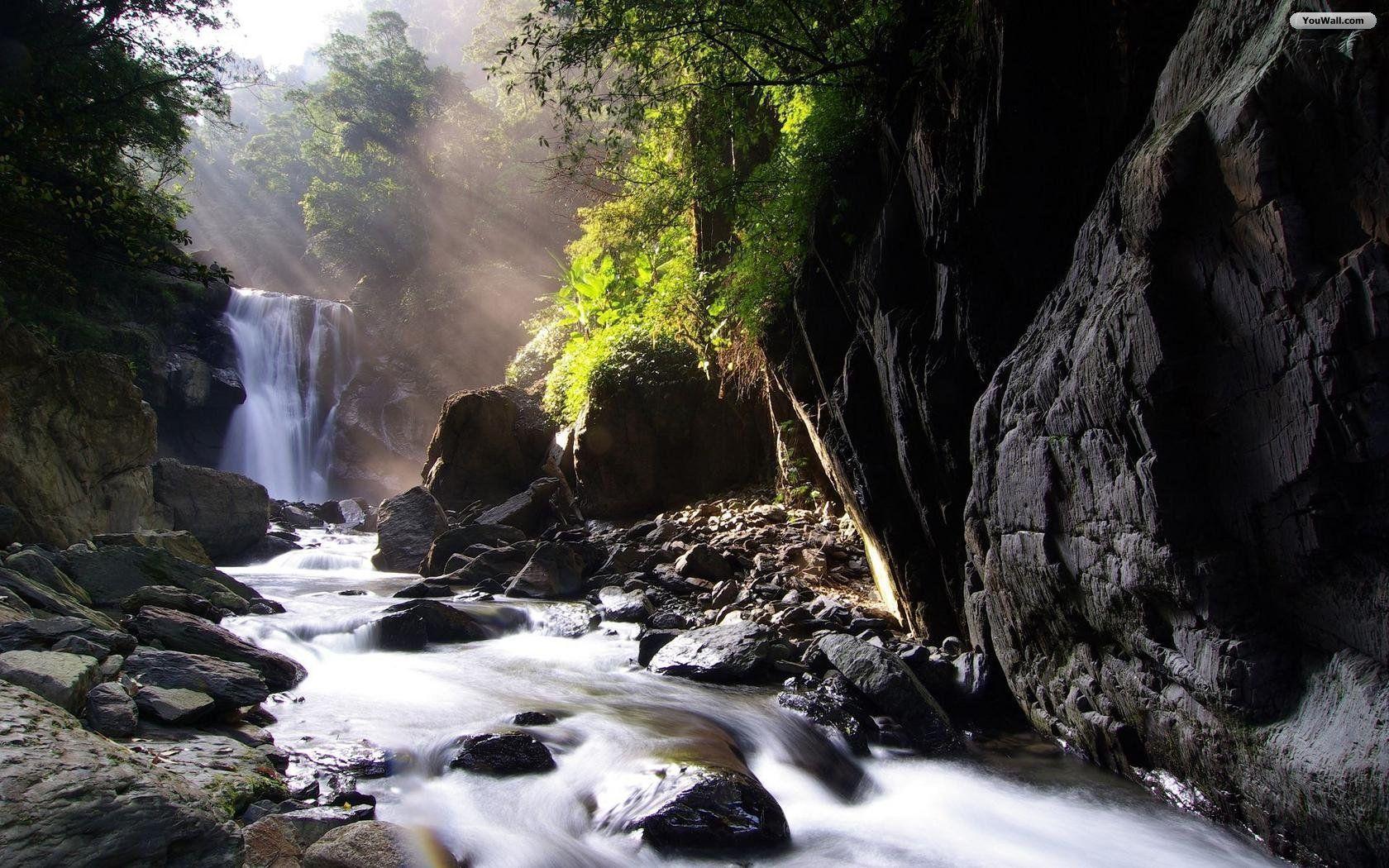 1680x1050 Forest Waterfall Wallpaper .