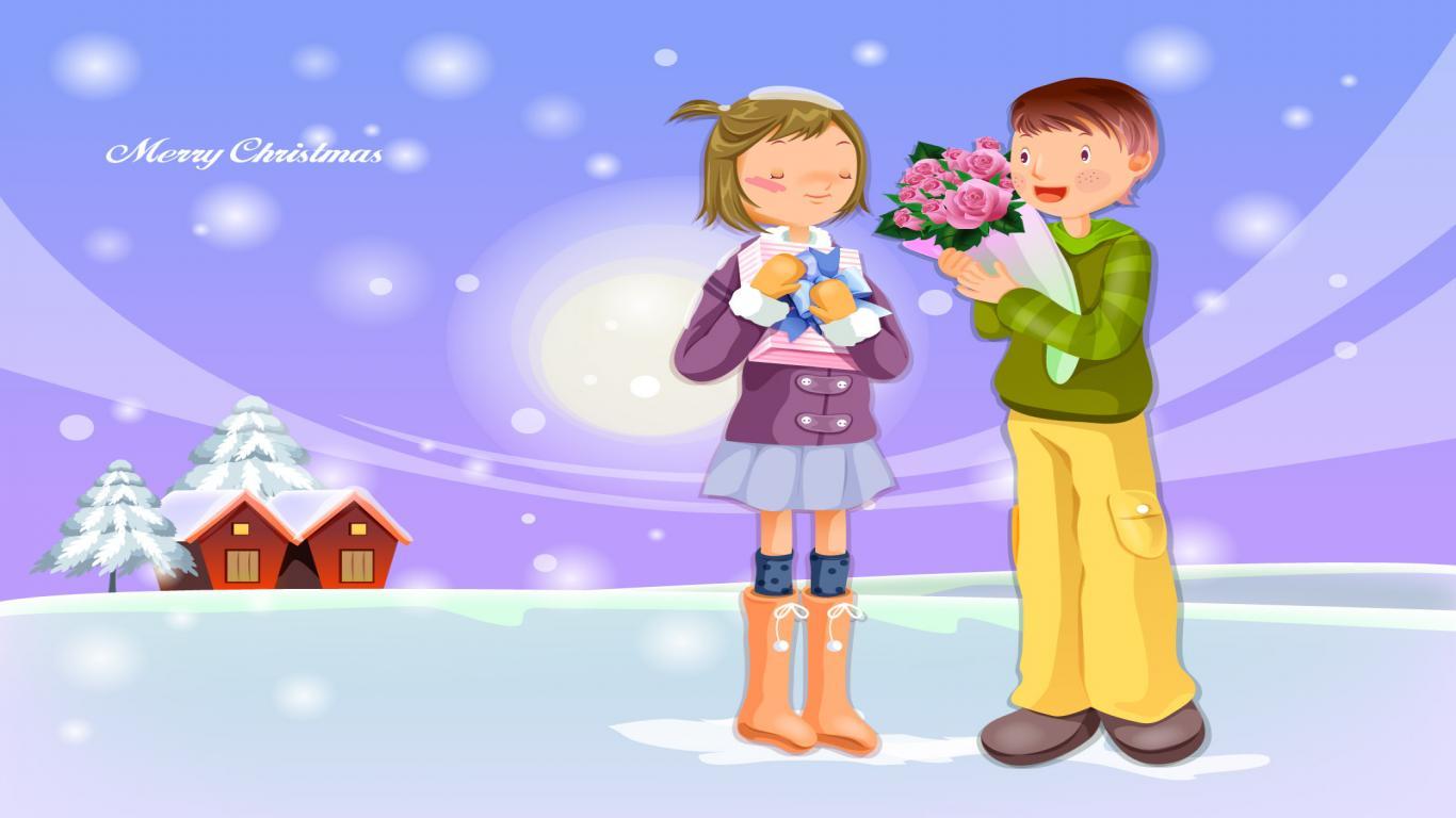 1366x768 Cute Cartoon Girl Christmas Desktop .