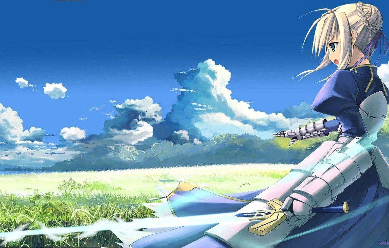 1332x850 sky, grass, girl, sword, meadow, armor .anime.