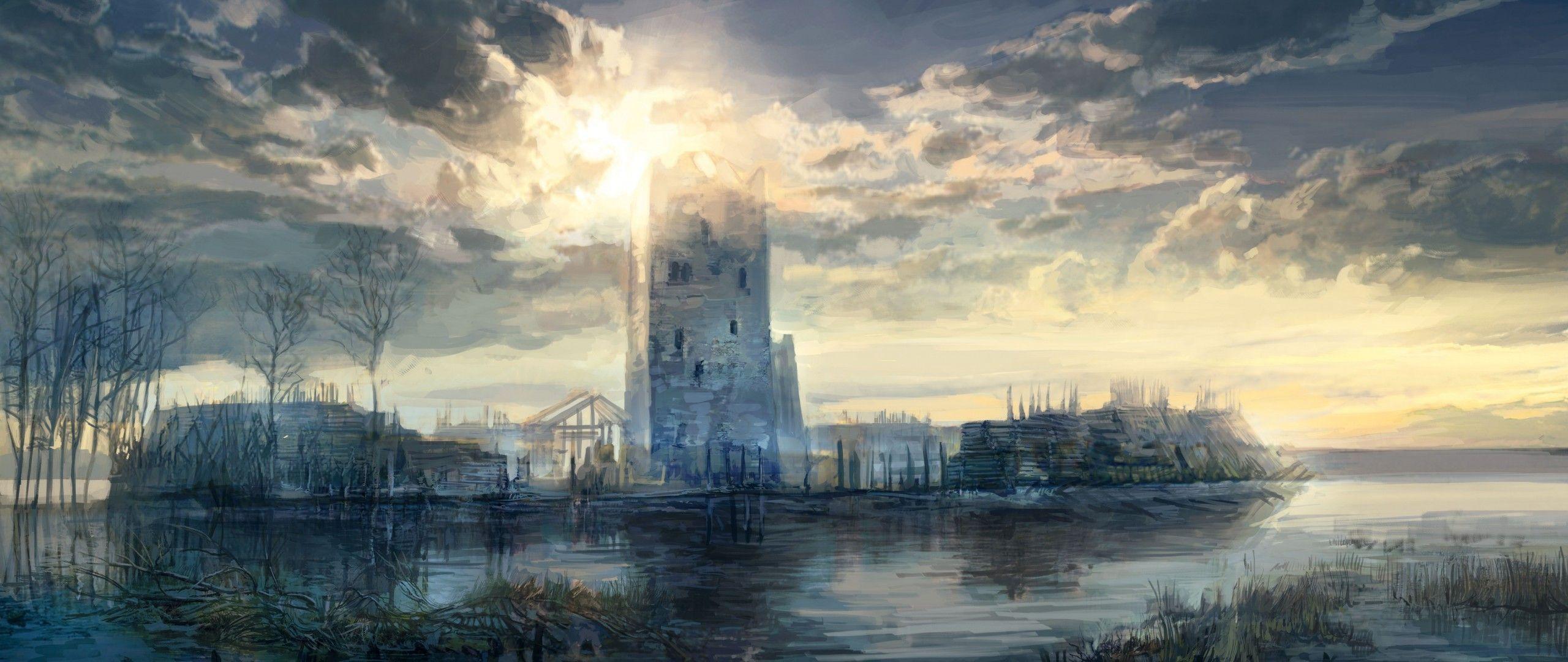 2560x1080 Wild Hunt, Landscape, Clouds, Artwork .