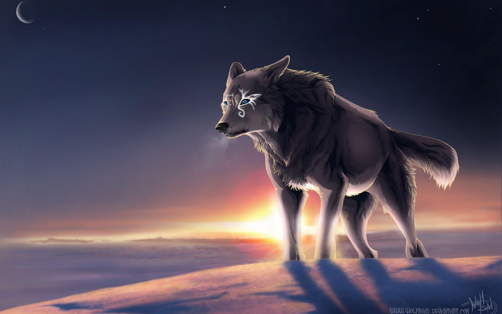 Download Anime Wolf Walking On Planet Neon Blue Wallpaper | Wallpapers.com