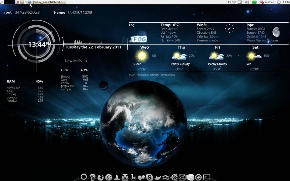 1152x720 ubuntu live earth wallpaper (xplanetfx) with conky for a pretty and informative desktop