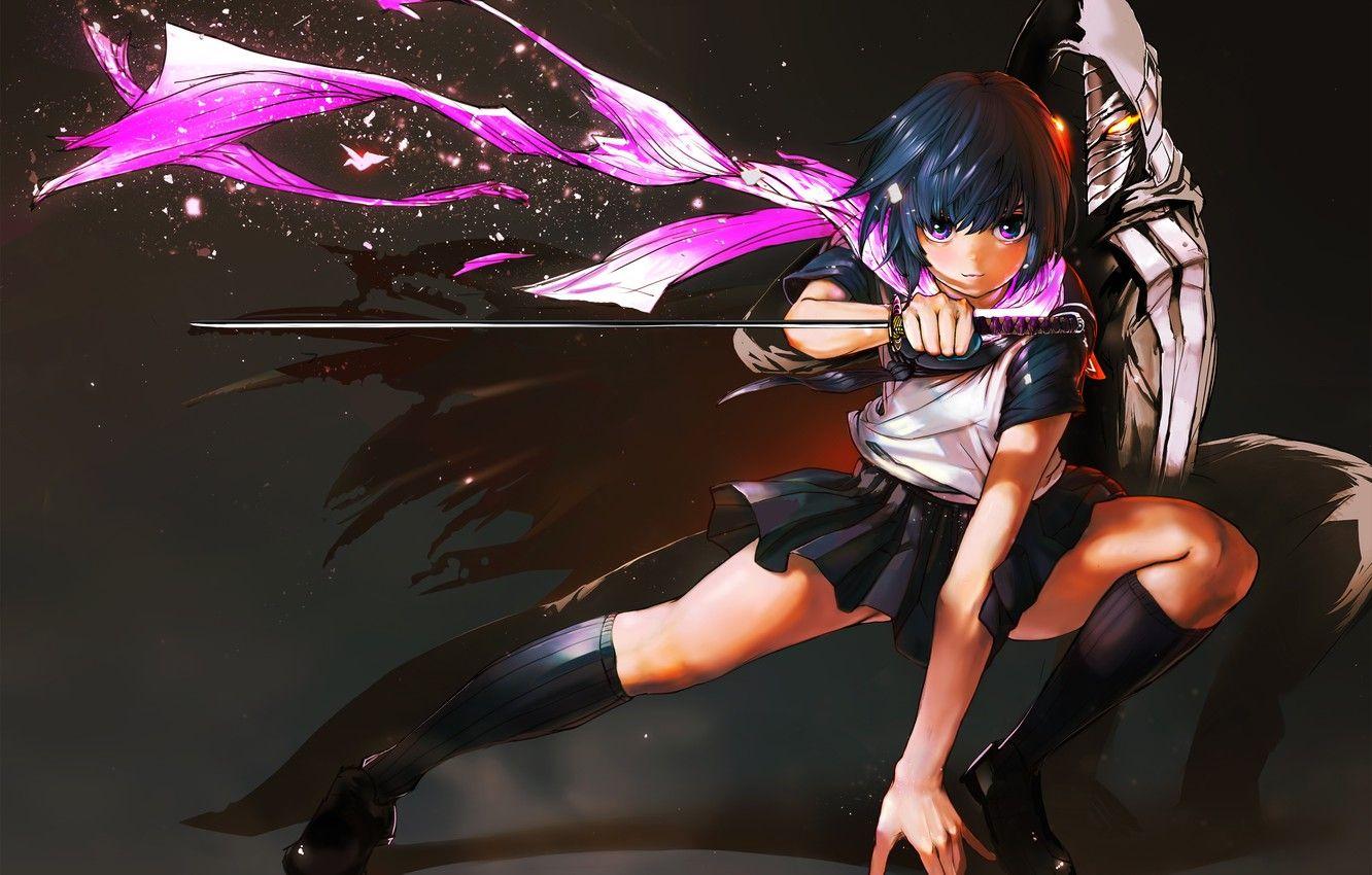 1332x850 Wallpaper girl, smile, weapons, katana .anime.