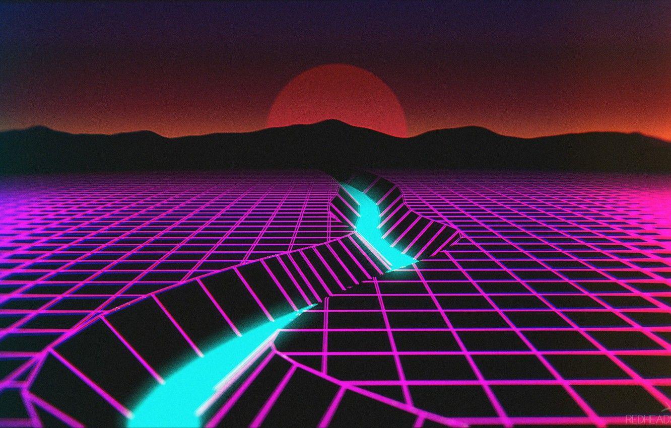 1332x850 Wallpaper The sun, Mountains, Music, River, Neon, Background, Retro, Synthpop, VHS, Darkwave, Synth, Retrowave, Synthwave, Synth pop image for desktop, section рендеринг