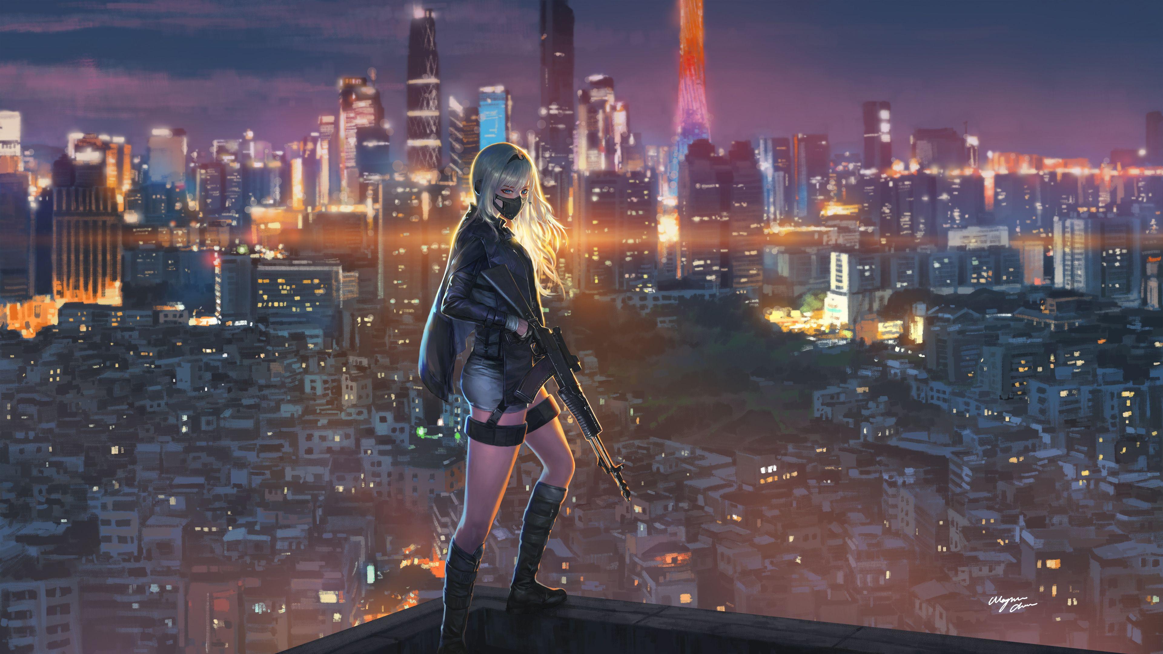 3840x2160 Anime Girl Rifle City Night 4K .