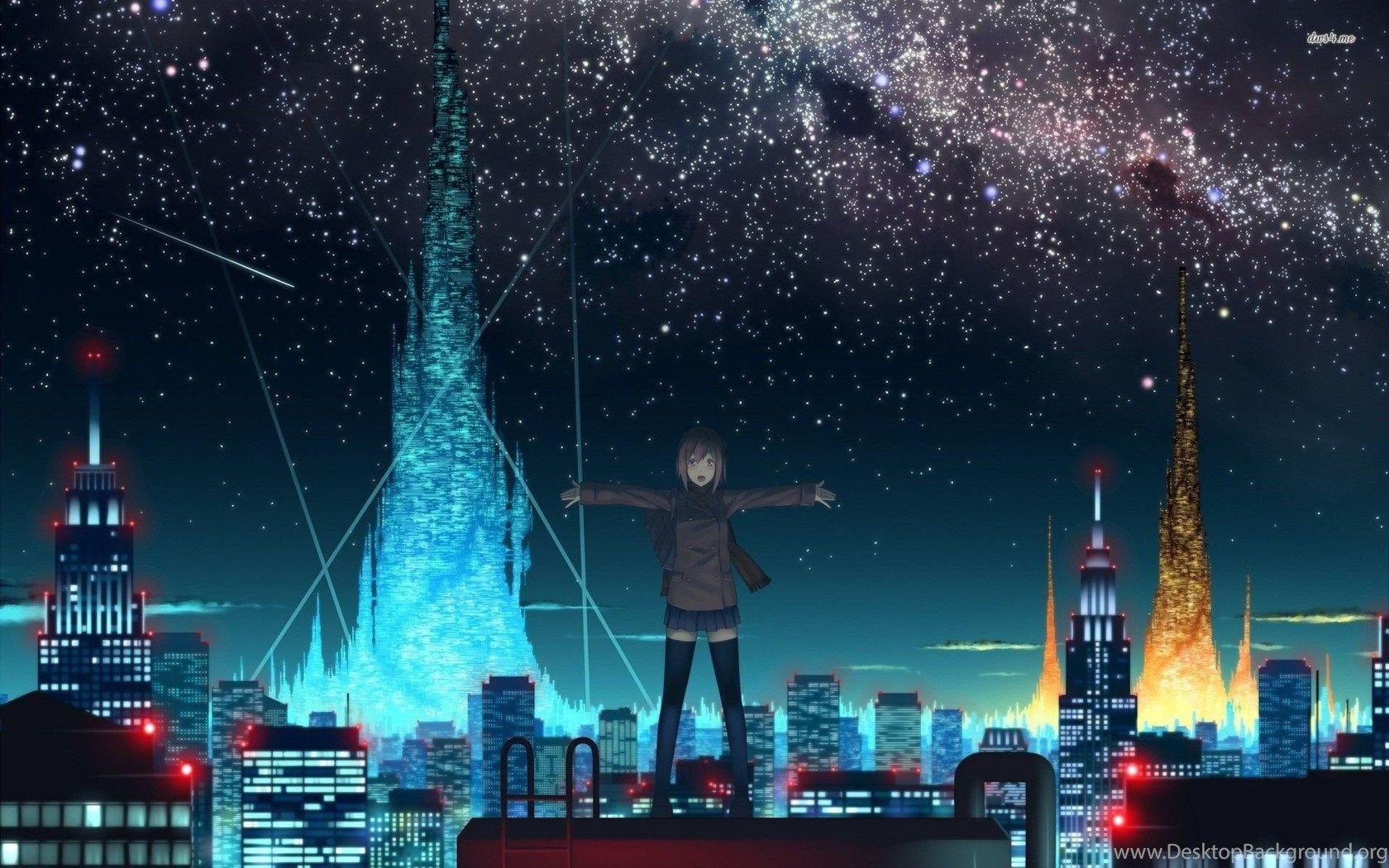 1680x1050 Starry Sky Over Anime City Wallpaper .