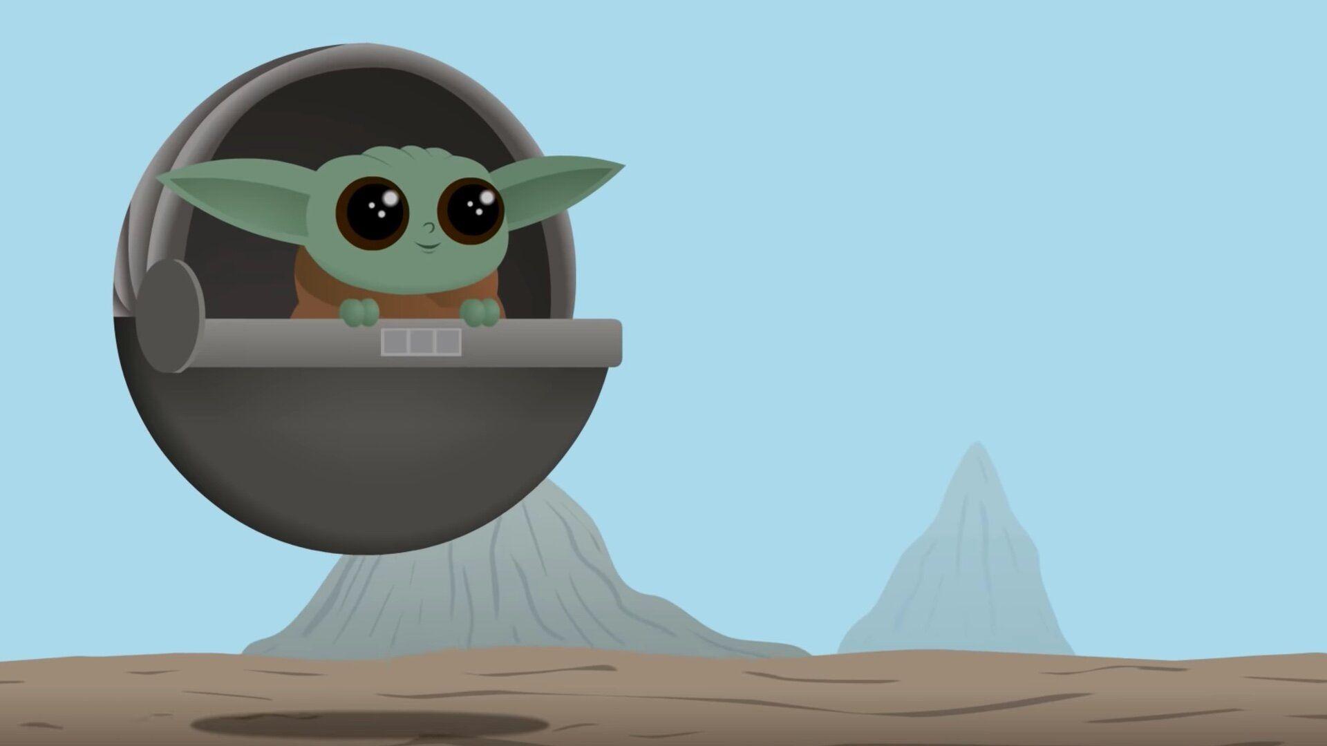 Download Adorable Baby Yoda Cartoon Wallpaper