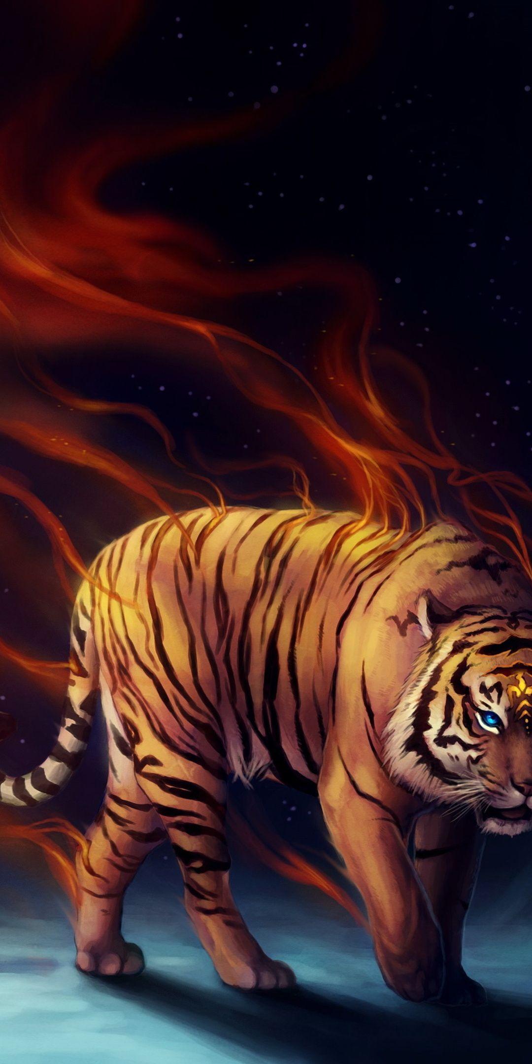 1080x2160 Tiger Fantasy Magical Flame .