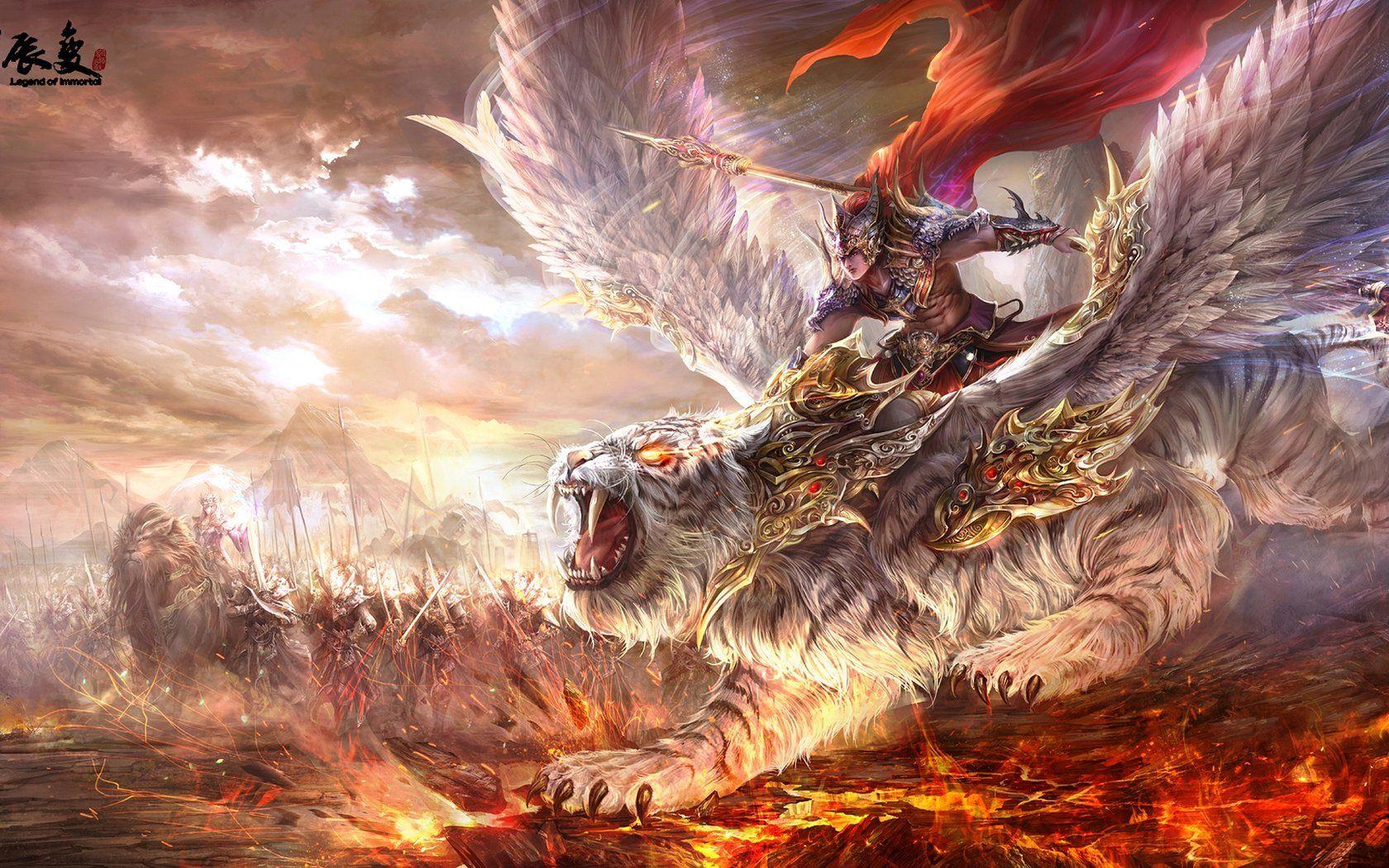 1680x1050 Warrior weapon tiger wings grin flame .