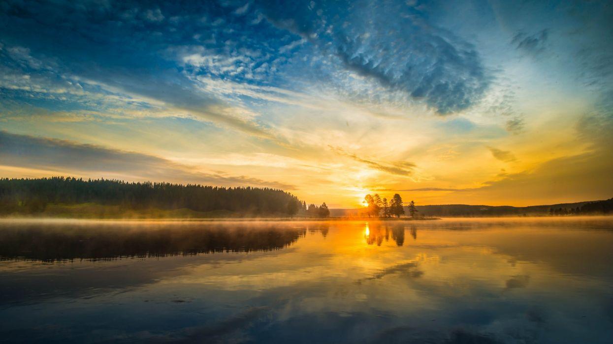 1245x700 Sunset sunrise lake fog mist sky clouds .