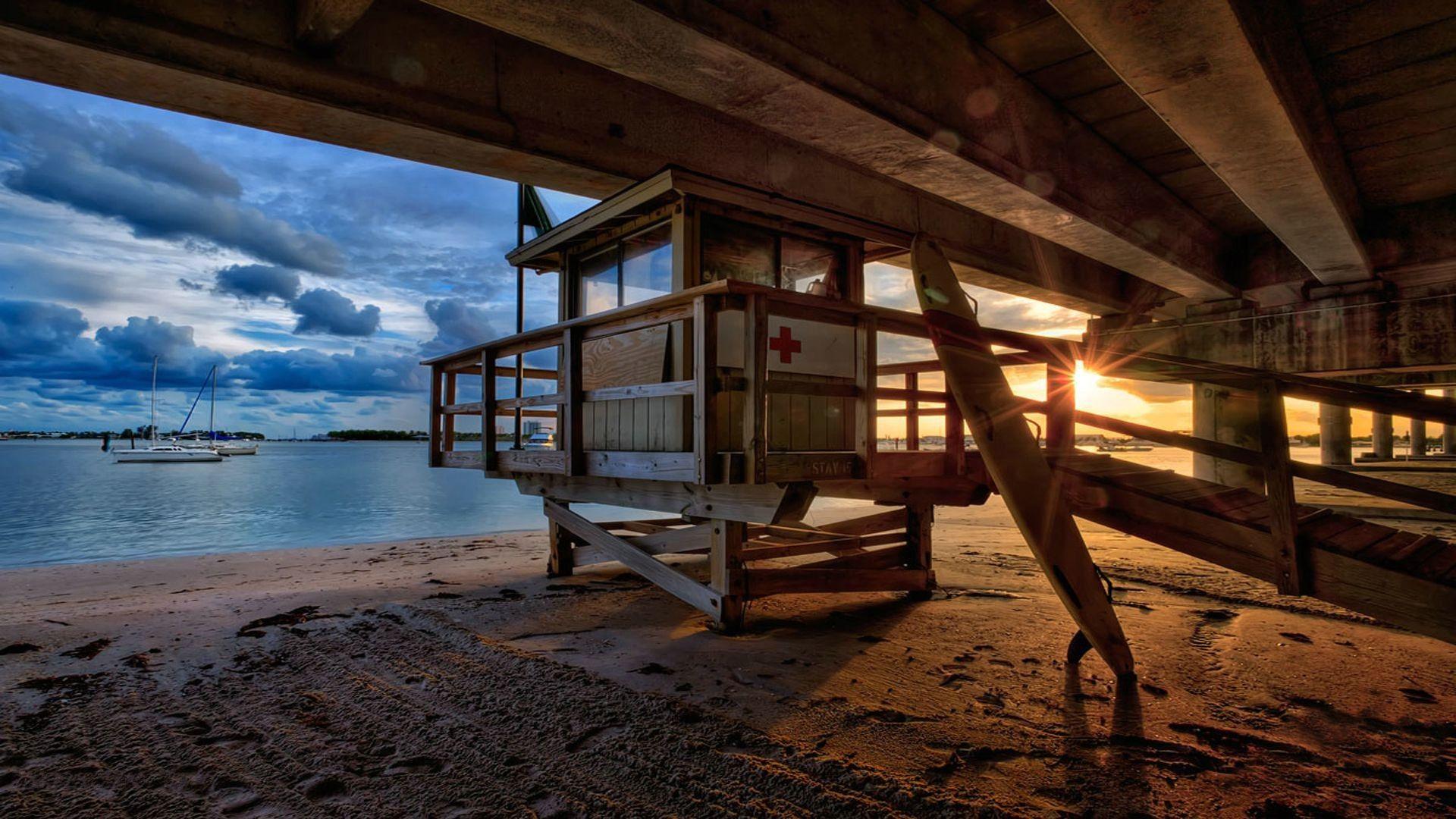 1920x1080 Skyscrapers: Life Guard Station Boardwalk Photography Sunset Boats