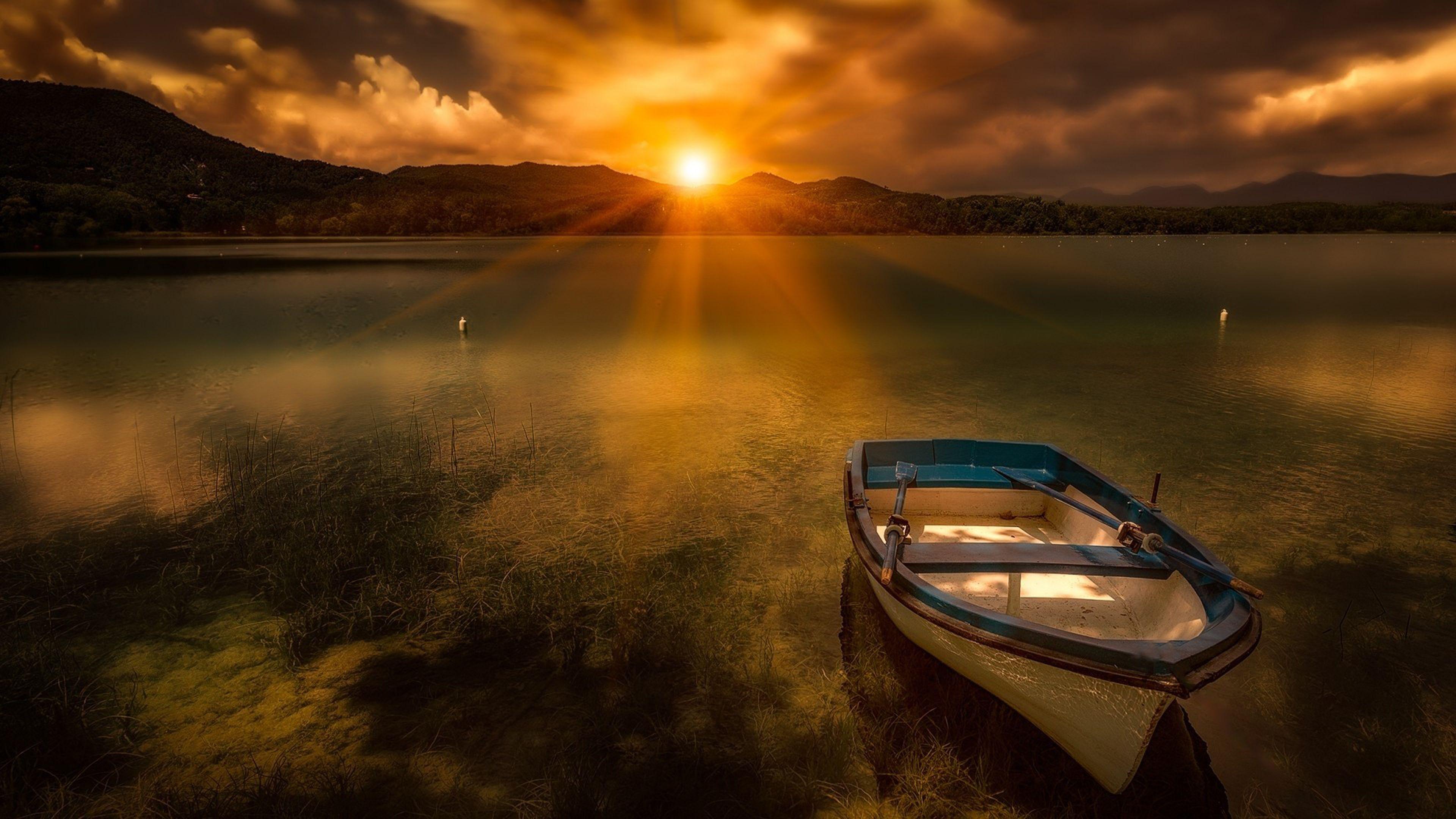 3840x2160 Morning Sunrise Sun Lake Boat .