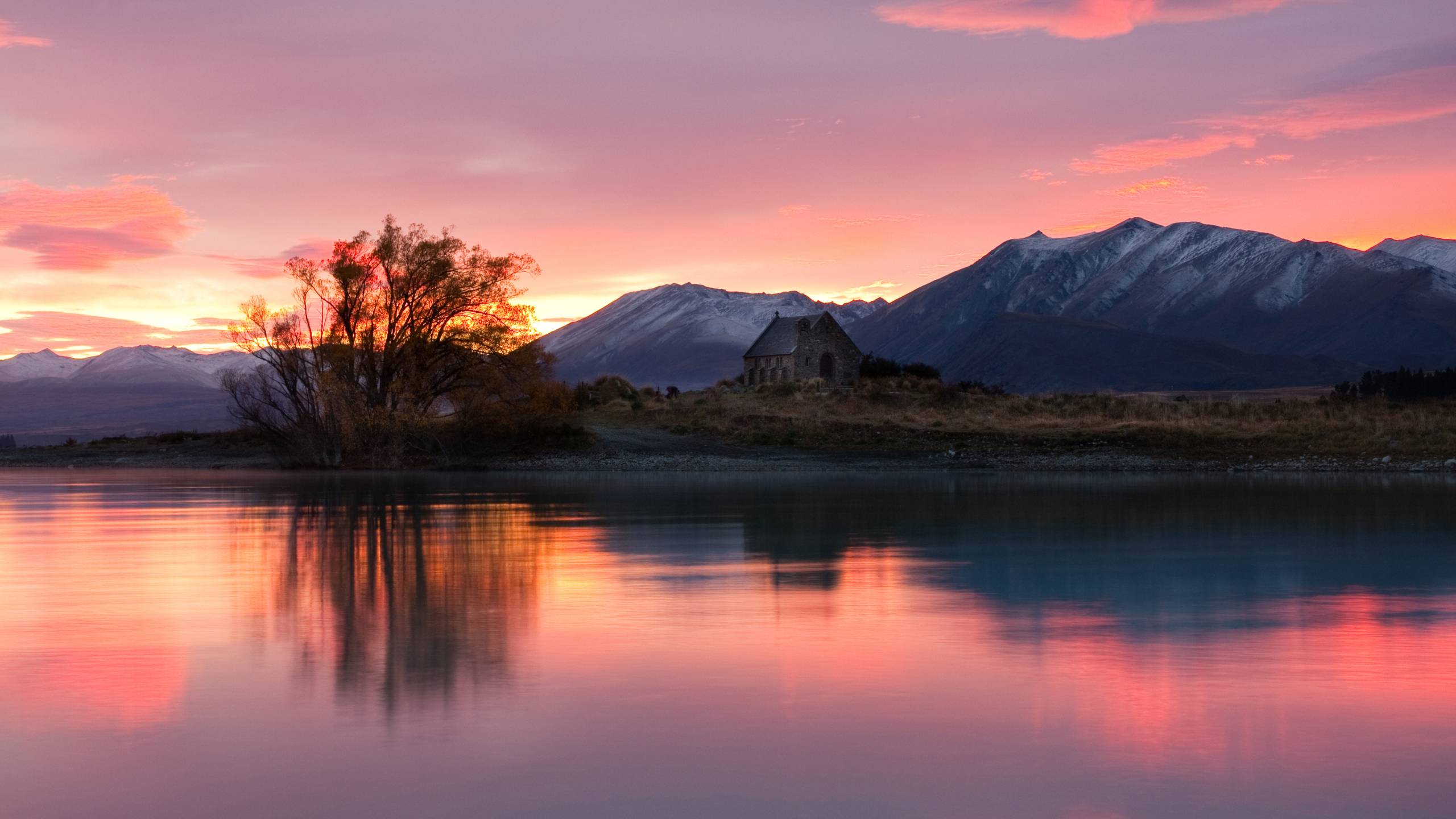 2560x1440 new zealand, sunrise, lake .