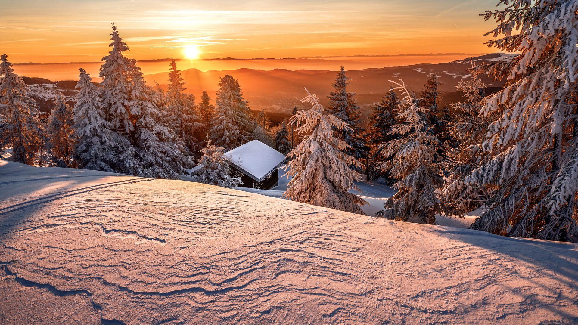 1920x1080 Snow Covered Mountain Trees And House .hdwallpaper.in
