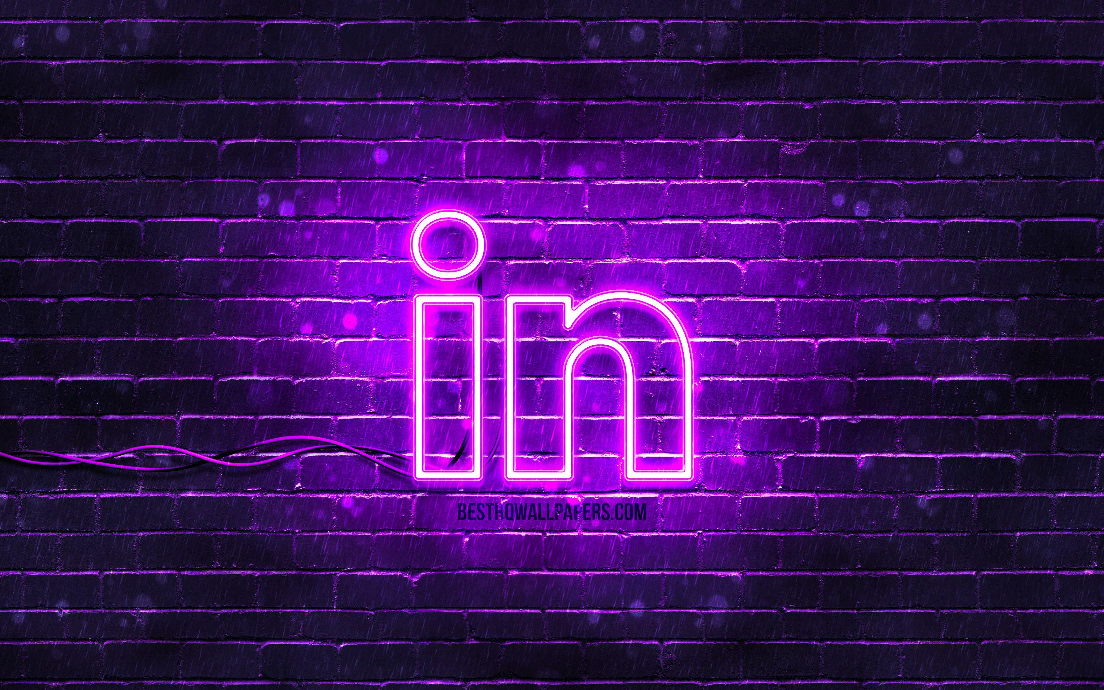 3840x2400 4k, violet brickwall, LinkedIn logo .