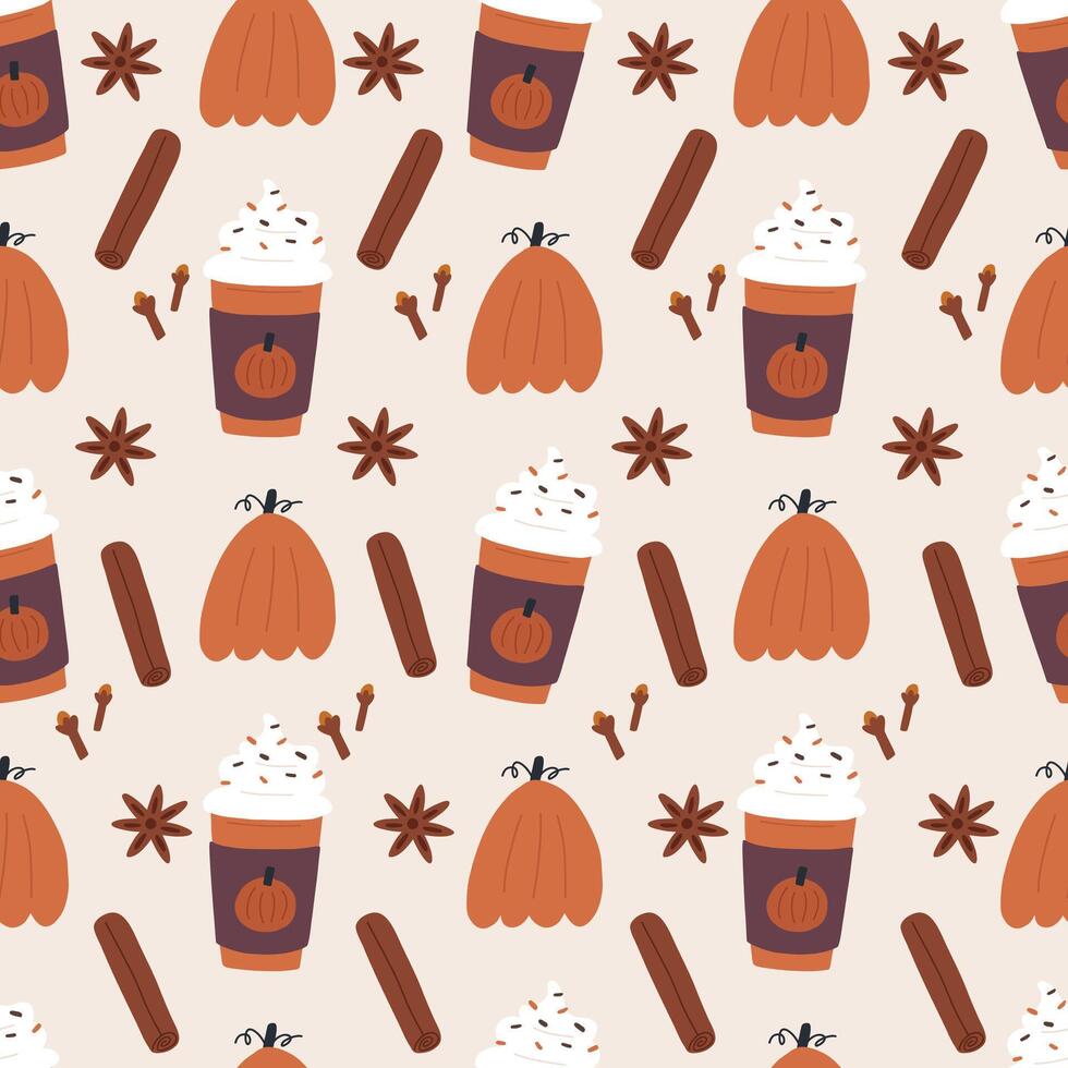 980x980 Pumpkin spice latte seamless pattern on beige background. Cute hand drawn pumpkin, cinnamon, clove and anise. To go mug of coffee with whipped cream. Warm autumn drink