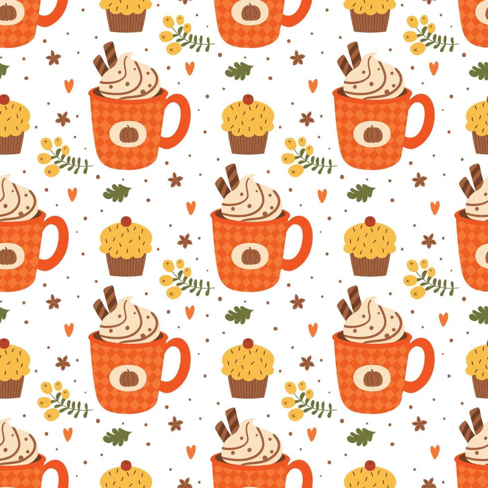 980x980 Pumpkin Latte Print Pumpkin Spice Latte Pattern Hand Drawn Fall Season Seamless Background With Cup Of Hot Drink, Cupcake, Berry Vector Cute Cartoon Cozy Autumn Hot Drink Print, Poster, Wallpaper