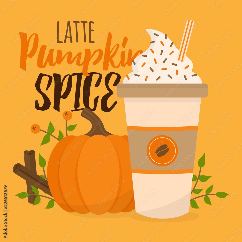 1000x1000 Pumpkin spice latte vector graphic illustration. Cute autumn, fall background; pumpkin, rowan berry, cup of coffee with whipped cream, sprinkles and striped straw, leaves and cinnamon sticks. Stock Vector