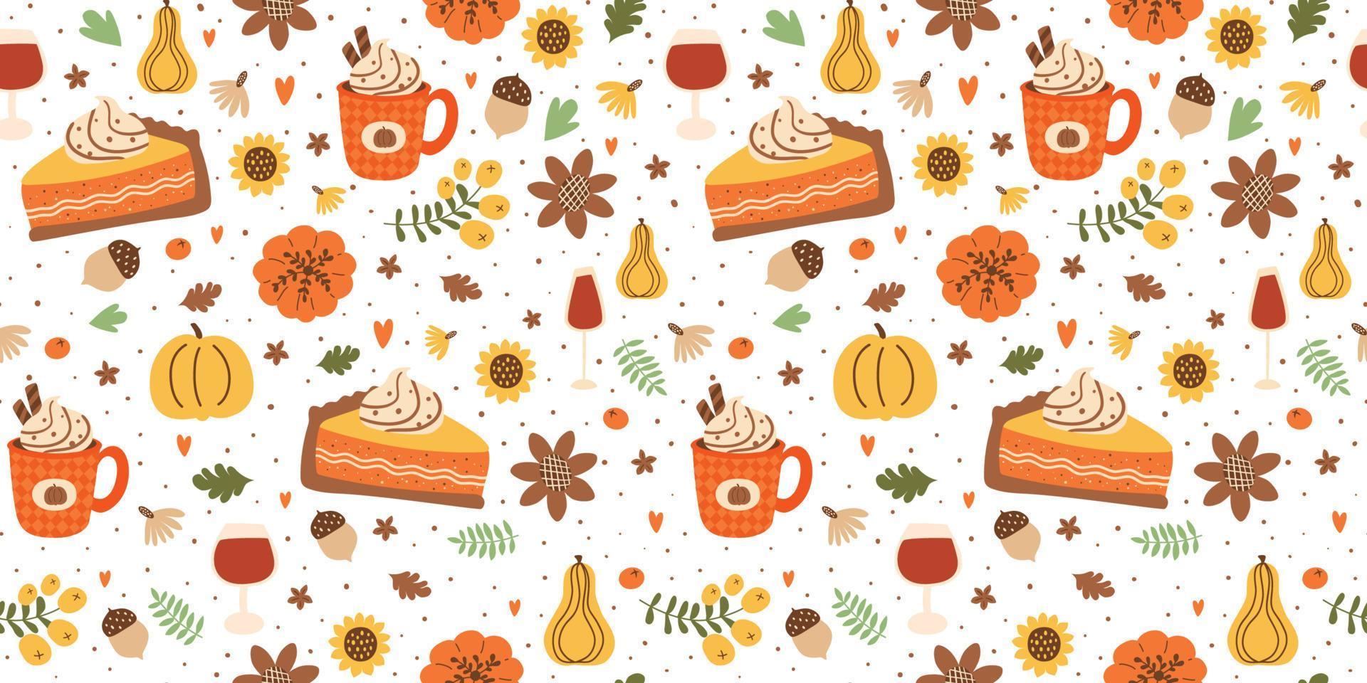 1920x960 Pumpkin spice latte pattern hand drawn fall season seamless background with cup of hot drink, cupcake, berry vector illustration. Cute cartoon cozy autumn hot drink print, poster, wallpaper, textile 14245231 Vector Art