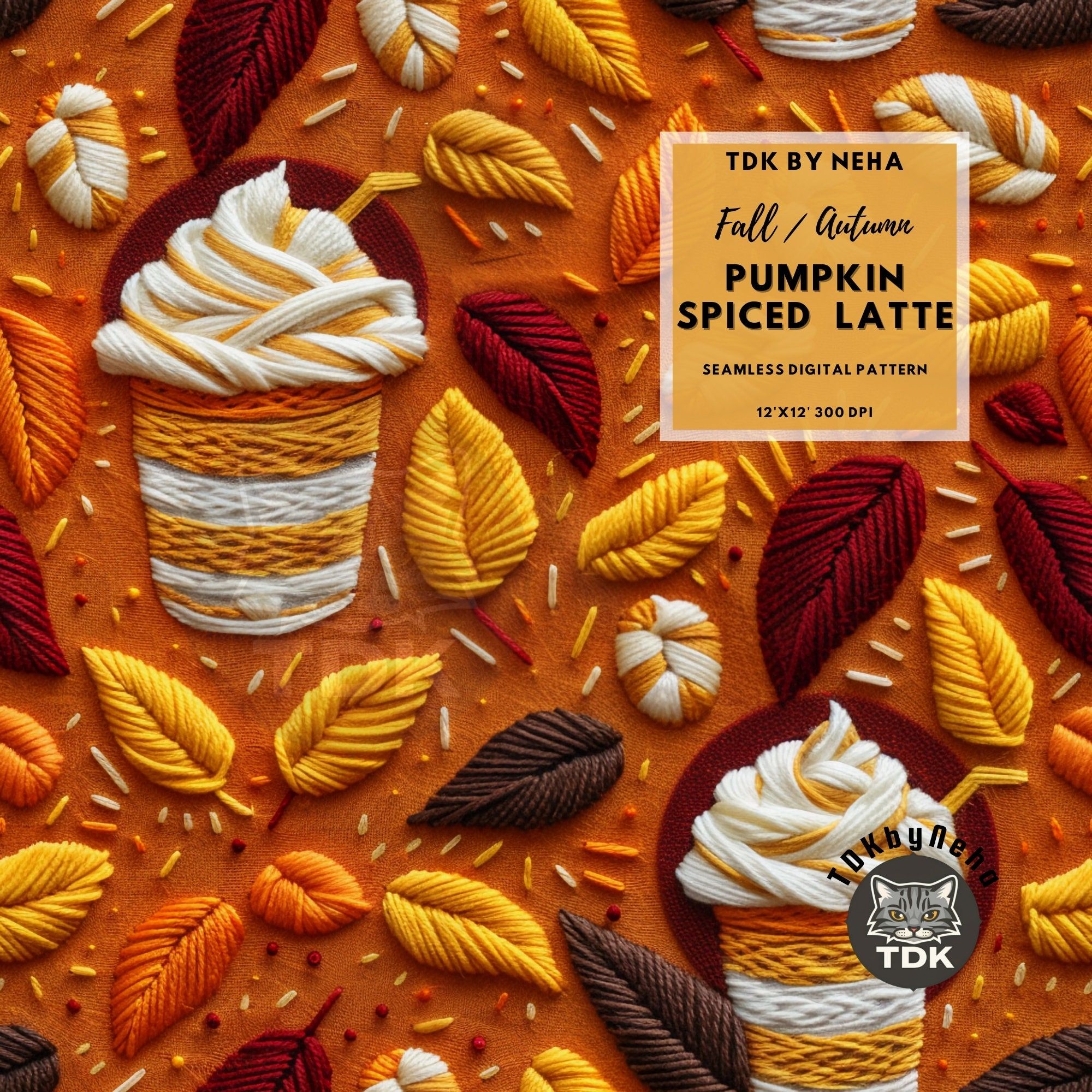 2000x2000 3D Fall Pumpkin Spice Latte seamless pattern Digital Paper for Fabric, Autumn Rust Leaves Coffee Seamless Sublimation Wallpaper Journal Wrap