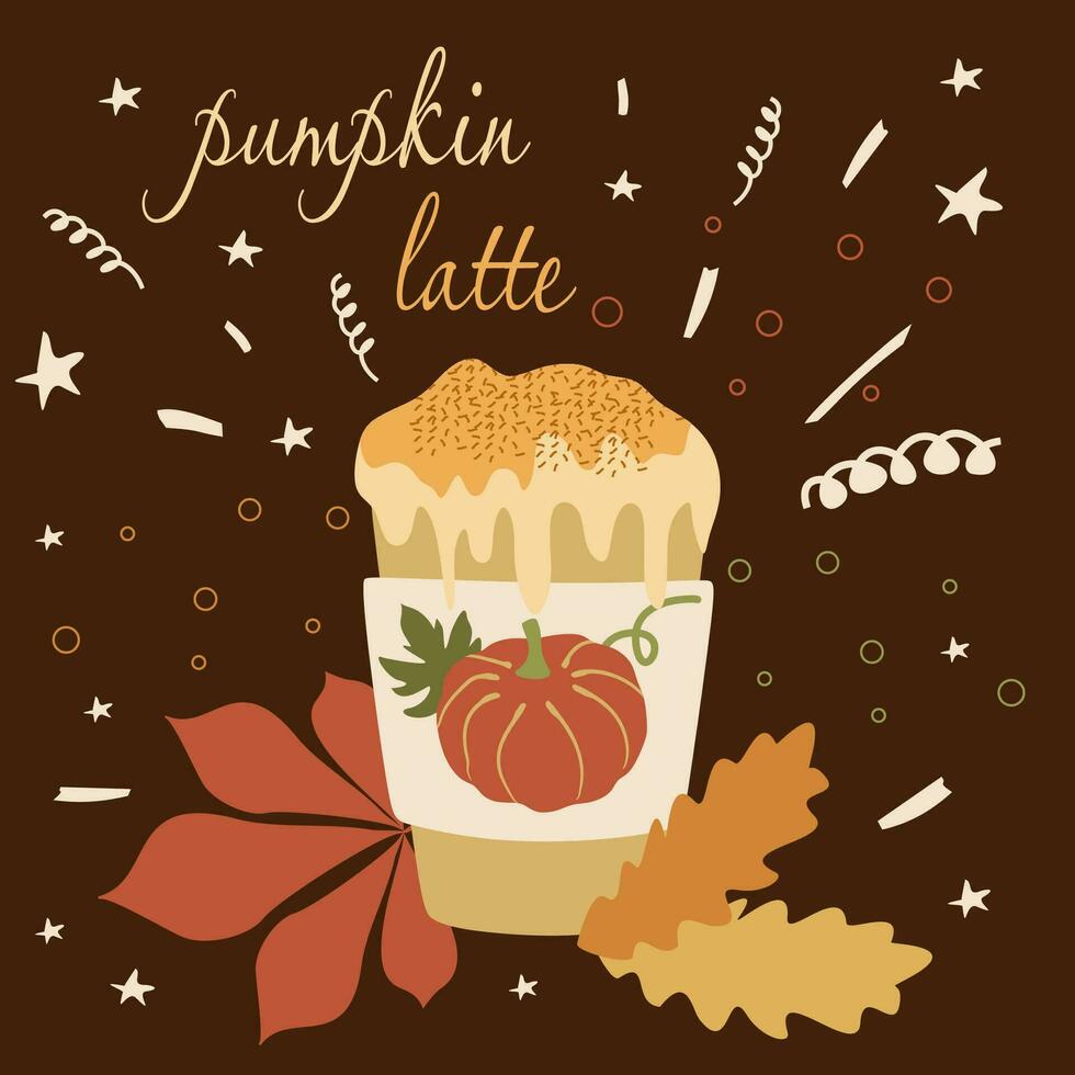 980x980 Pumpkin spice latte, Coffee paper cup on dark background with Fall Leaves. Vector Flat cartoon illustration for Autumn menu or greeting card design. Takeaway Seasonal Hot Drink with Whipped cream 33541834 Vector