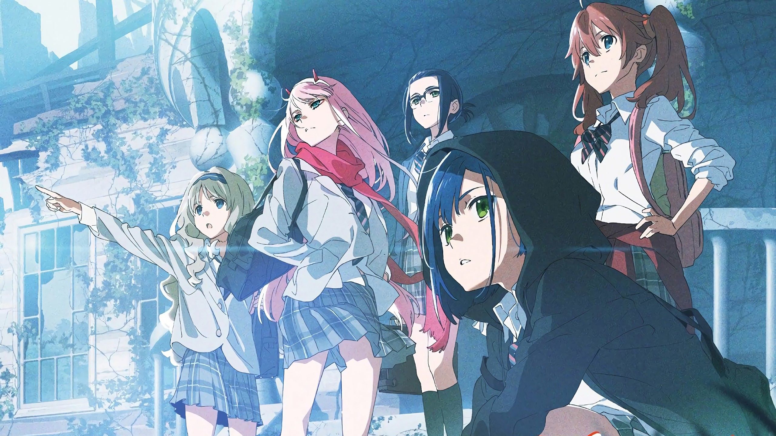 2560x1440 Darling In The FranXX Zero Two Hiro Ichigo Ikuno Kokoro Miku Ponytail Twintails Ze All In School Uniform With Background Of A Building 4K HD Anime Wallpaper