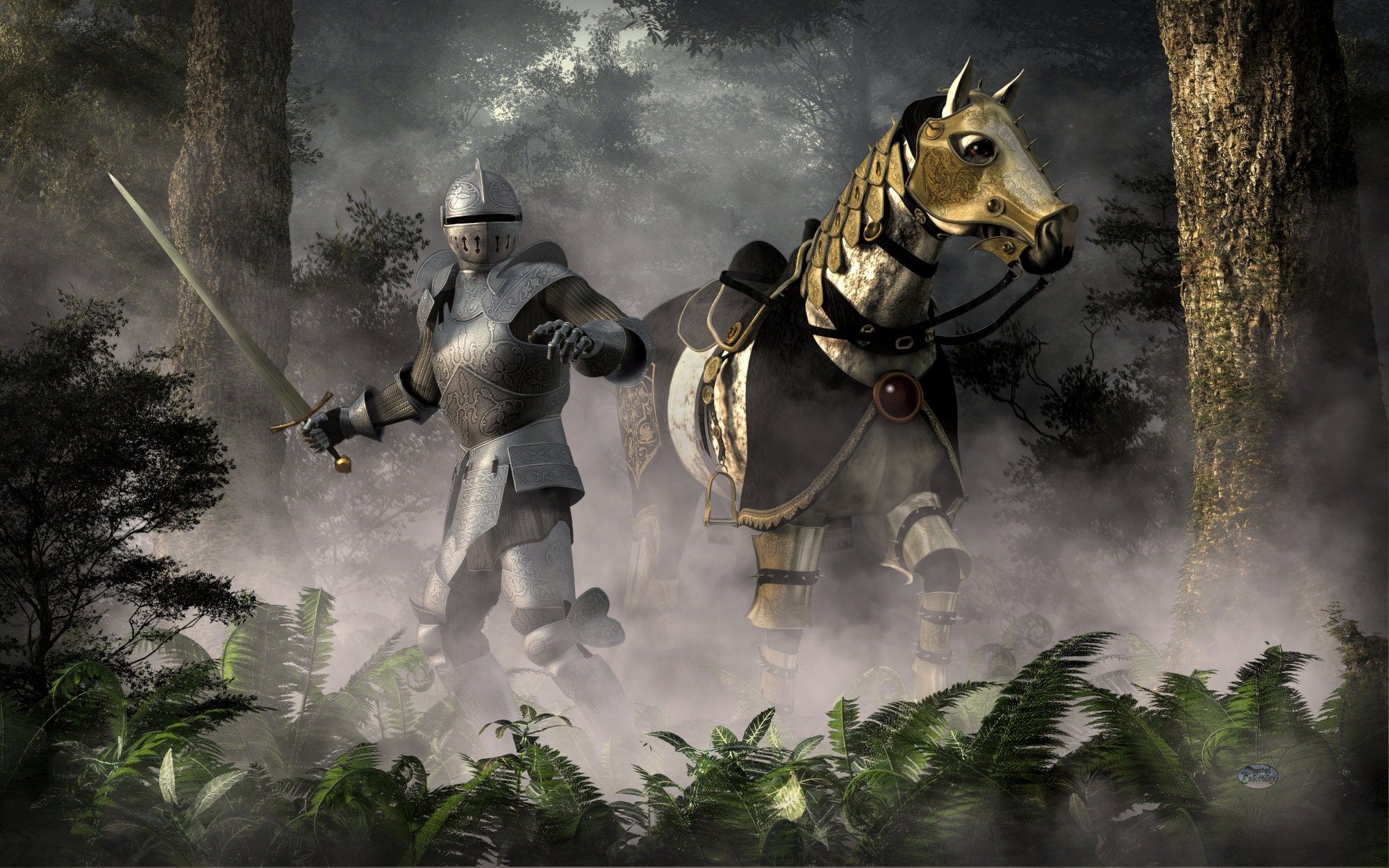 2000x1250 Knight and Steed in a Misty Forest Knight Wall Art