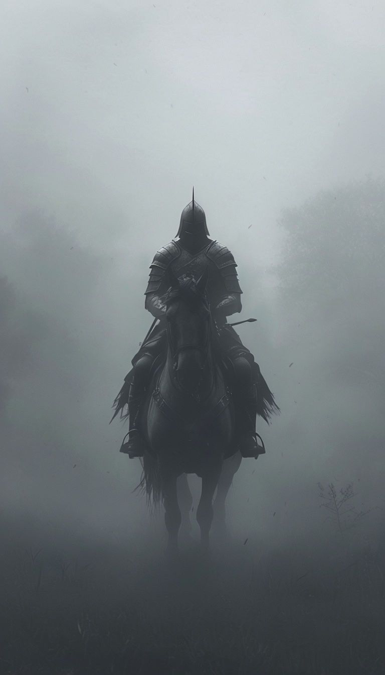 768x1344 Dramatic Knight on Horse Silhouette Emerging from Fog Mobile Wallpaper