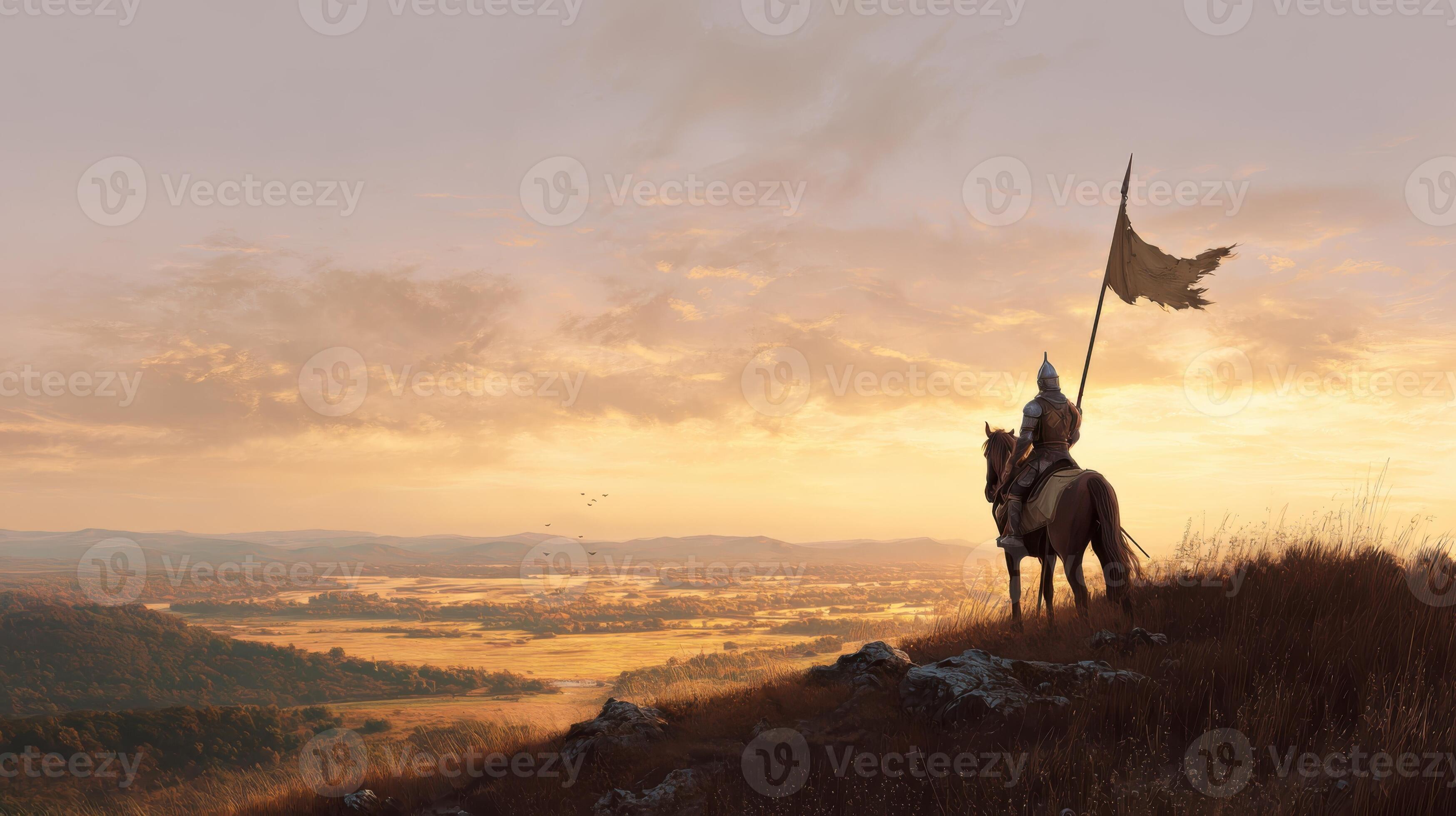 3497x1960 Knight On Horseback With Tattered Flag Overlooking Vast Landscape At Sunset. Symbol Of Medieval Exploration And Conquest