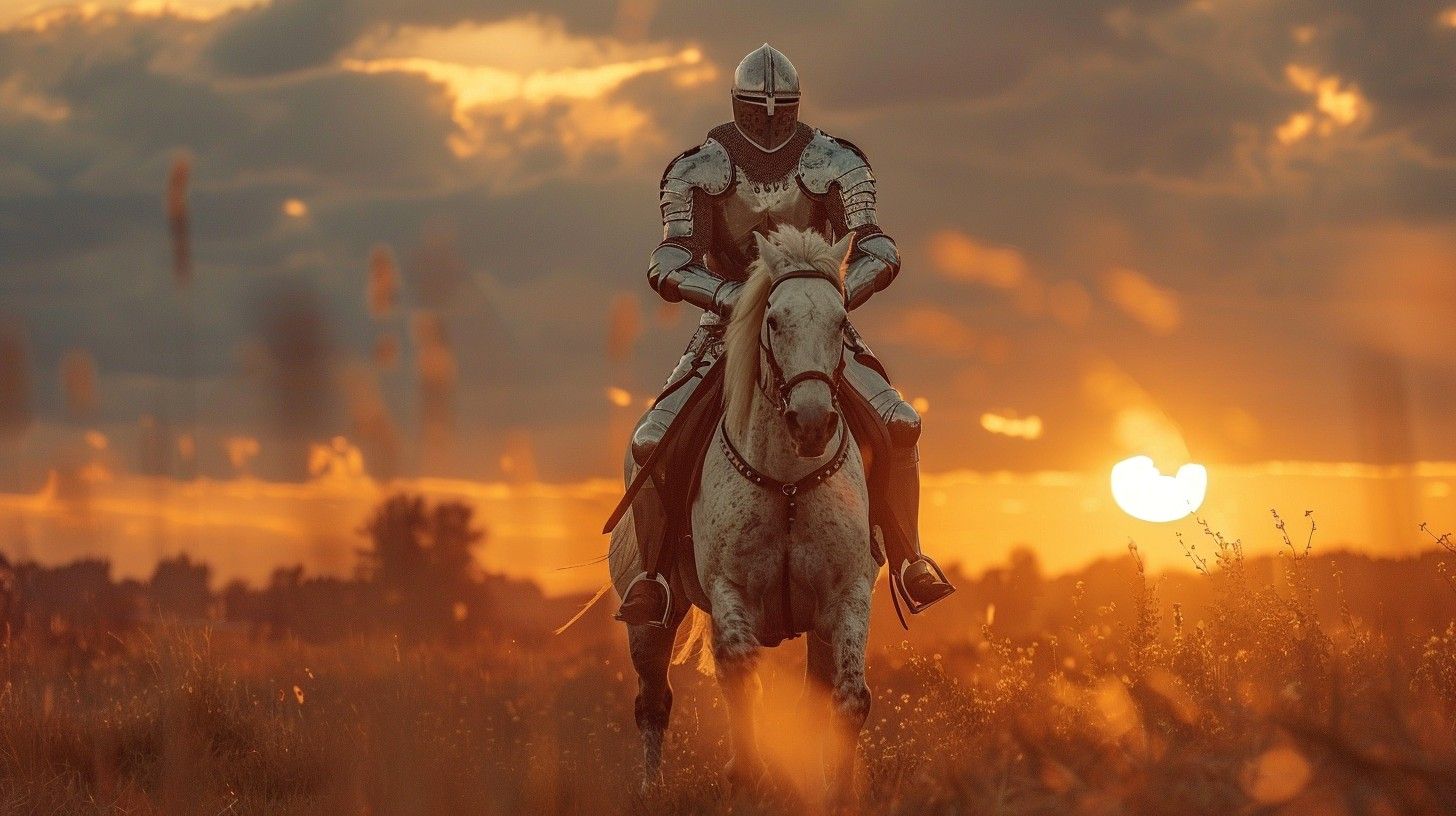 1456x816 Download Knight Sunset Ride Image, Sunset, Horse