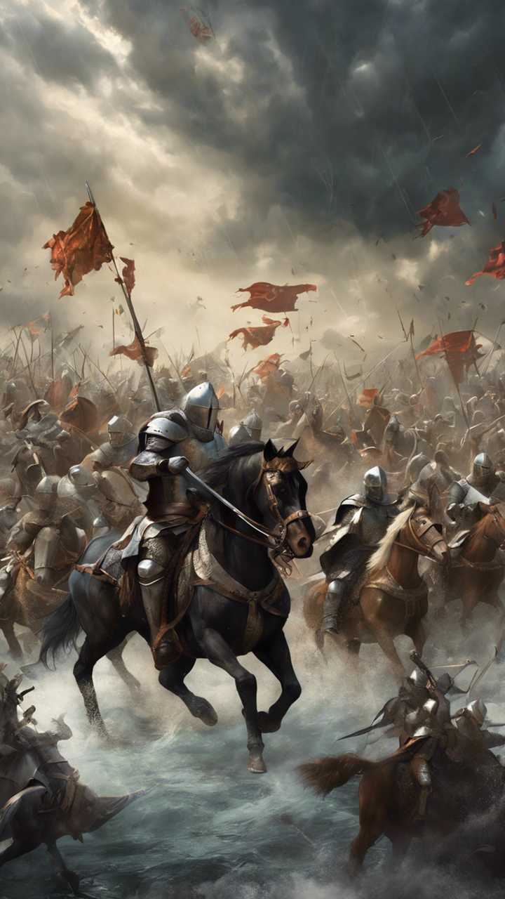 720x1280 A battle scene from a strategy game with medieval knights on horseback charging into a horde of mythical creatures under a stormy sky. Wallpaper [2101317884cc4b08a364]
