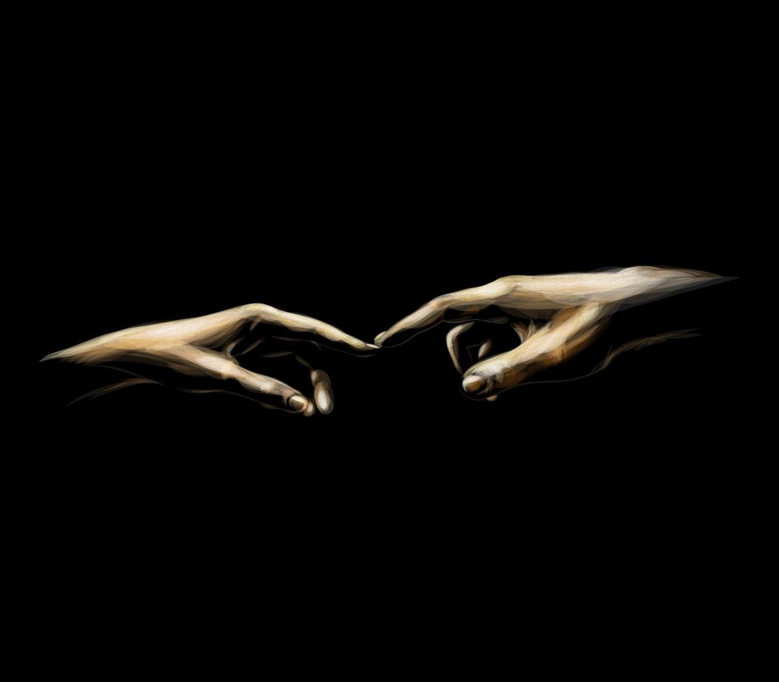 1120x980 Colored sketch touching hands from a splash of watercolor. Vector illustration of paints