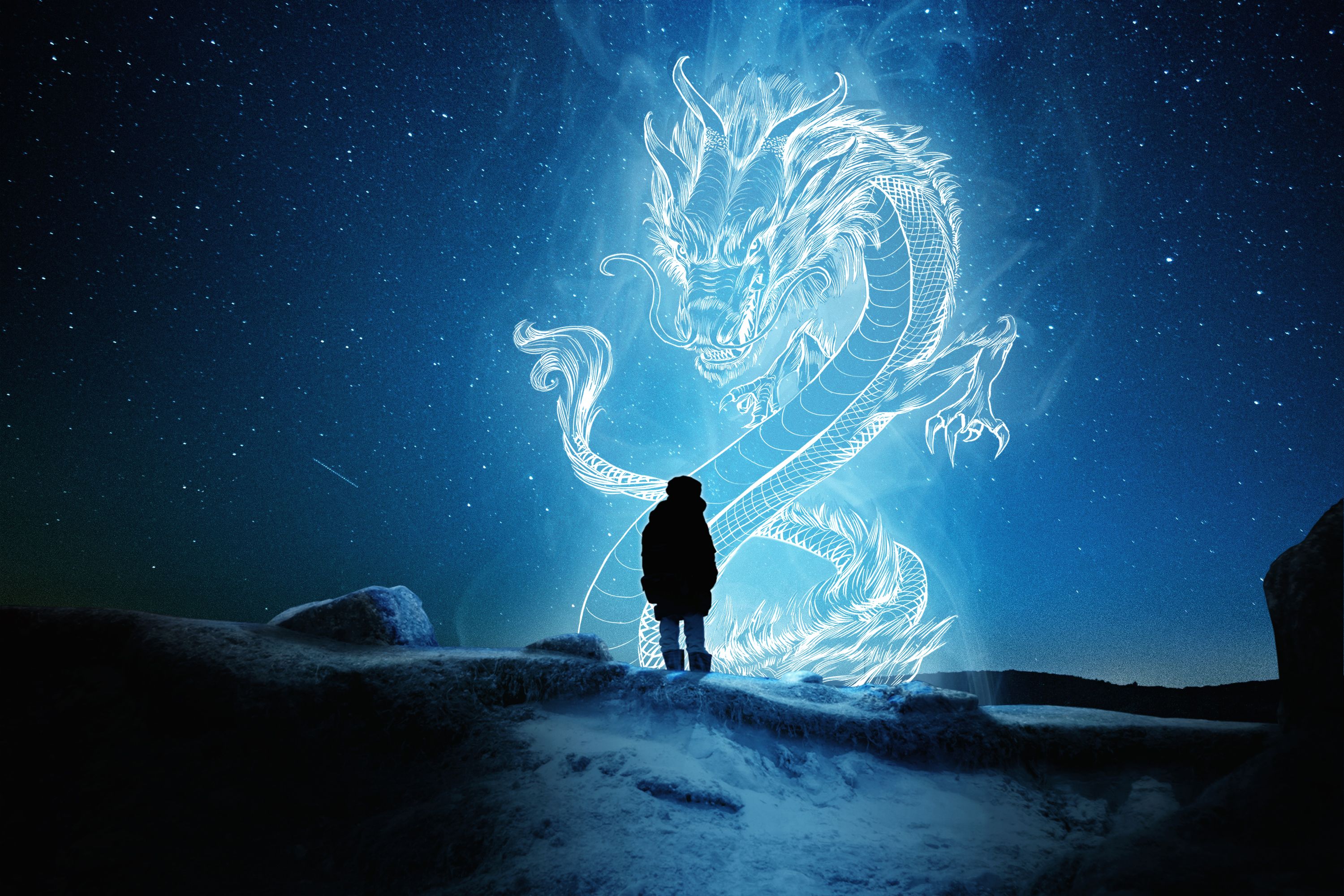 3000x2000 A man looks at a big Chinese dragon in the starry sky. Desktop wallpaper 1366x768