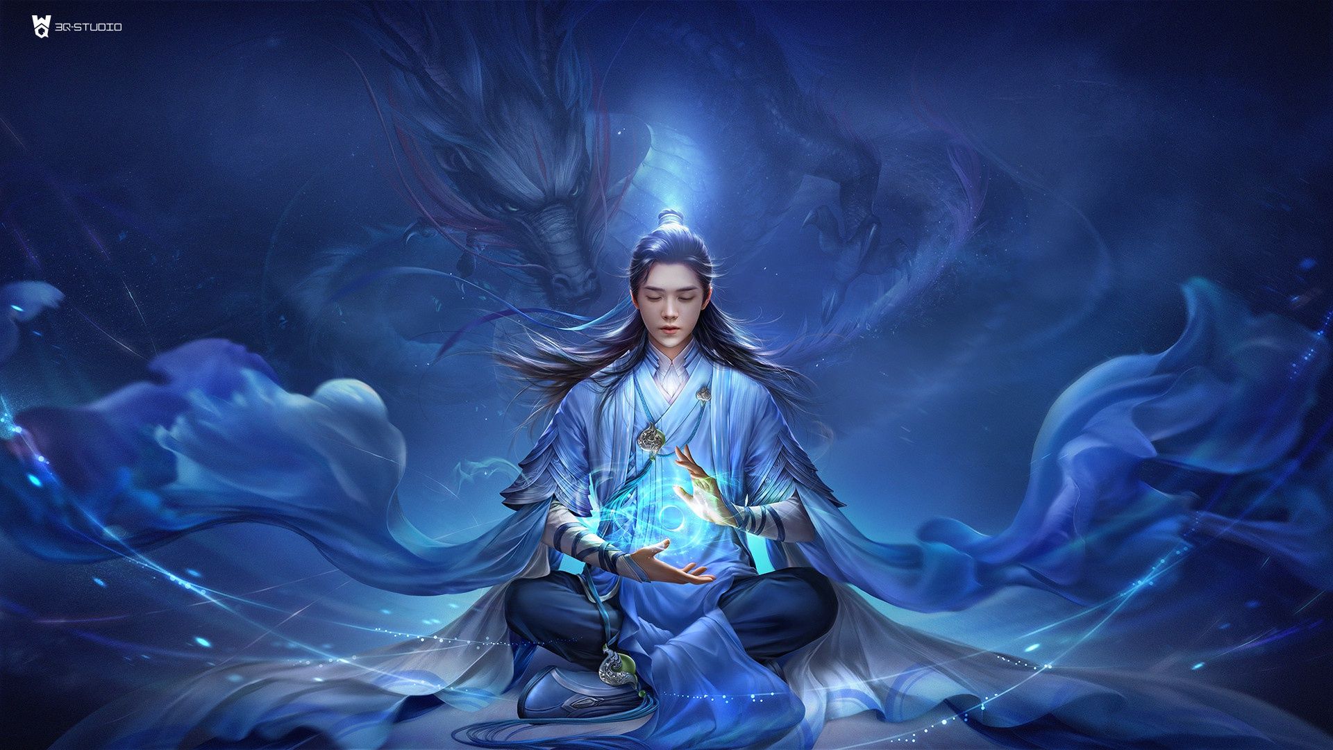 1920x1080 Mystic Asian Sorcerer Summons Dragon Magic. HD Fantasy Wallpaper