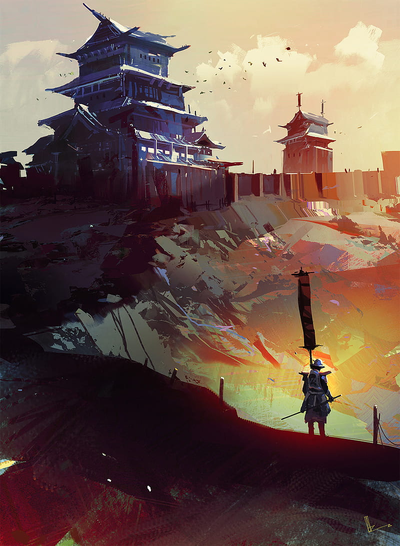 800x1091 Feudal Japan, big, building, city, deudal, man, ravine, samurai, HD phone wallpaper