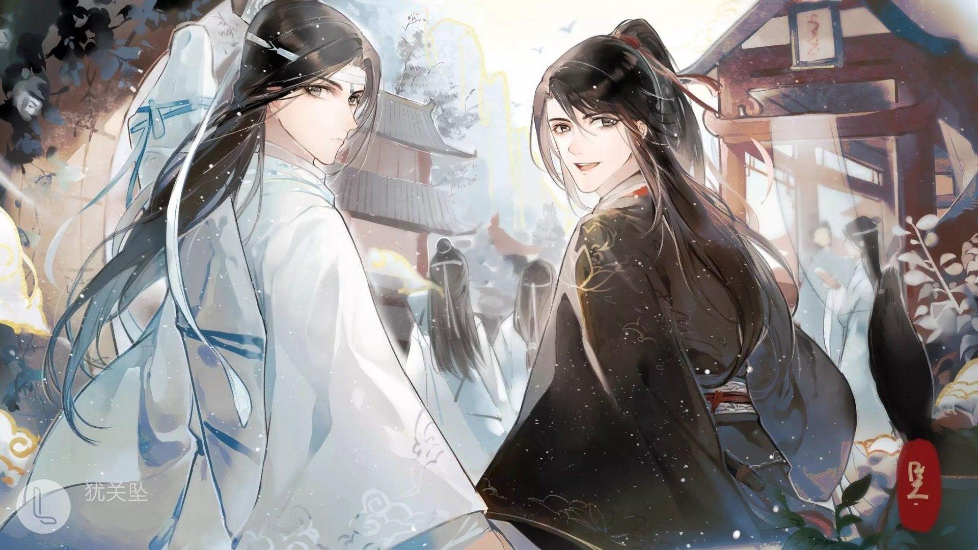 1920x1080 Wallpaper sideways, city street, two guys, long hair, Chinese clothing, Mo Dao Zu Shi, Master evil cult, Wei From Xian for mobile and desktop, section сёнэн, resolution 1920x1080