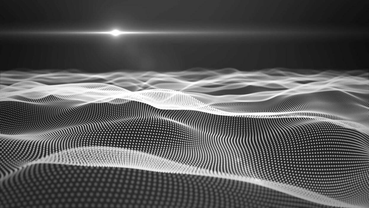 1244x700 Monochrome 3D background with flying over abstract field of smoothly moving white particle waves with bright light on a black background and soft glow effect, motion graphics, 4k, 60 fps