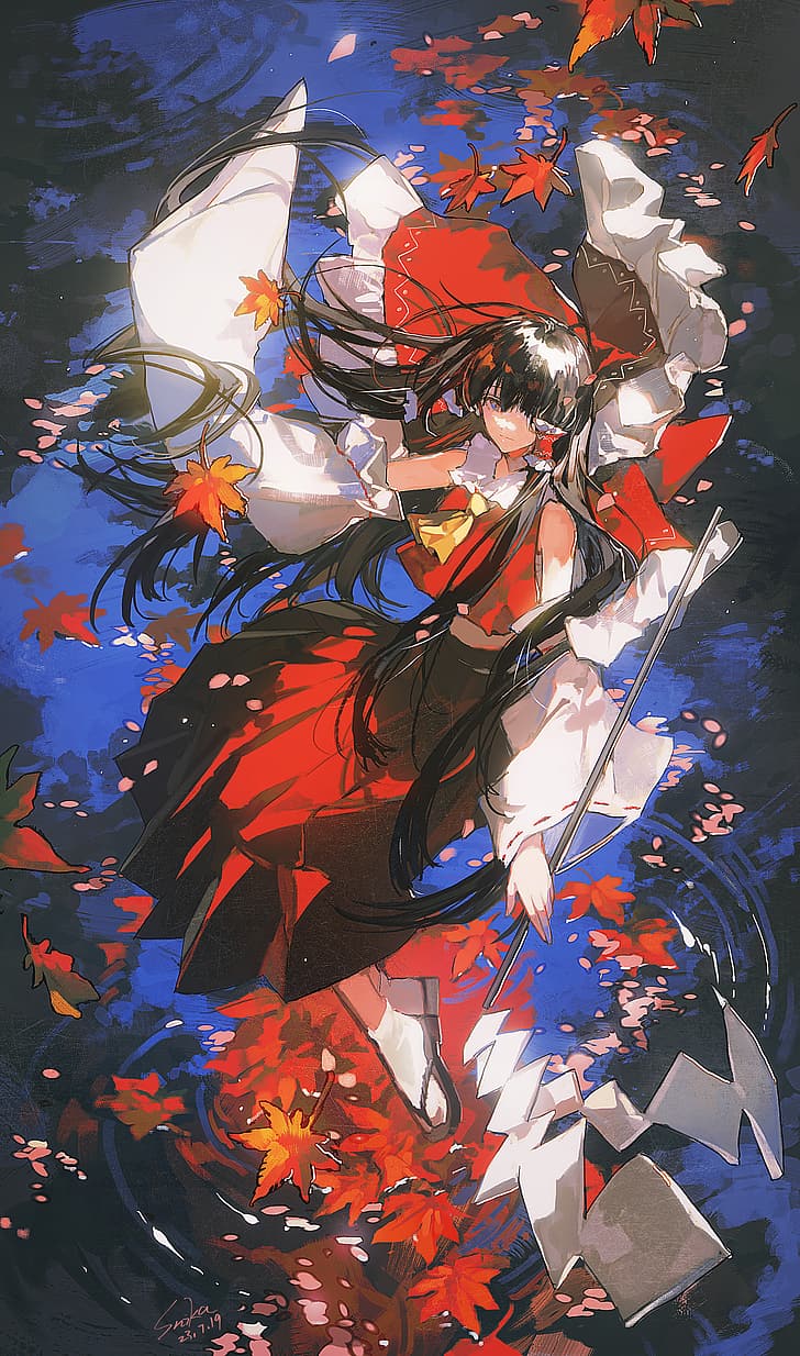 728x1234 HD wallpaper: Suika, anime, anime girls, Hakurei Reimu, black hair, long hair