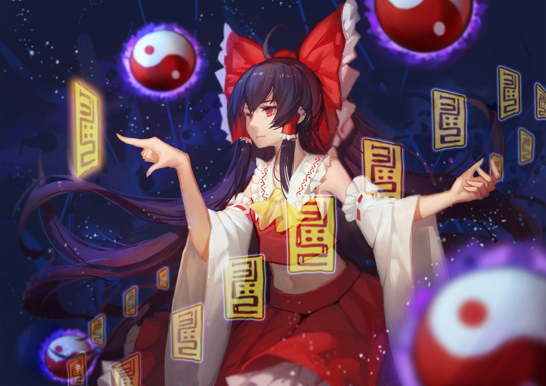 1754x1240 Desktop wallpaper: Anime, Touhou, Bow (Clothing), Glitter, Japanese Clothes, Long Hair, Magic, Purple Hair, Red Eyes, Reimu Hakurei 4K free download for PC. 738528