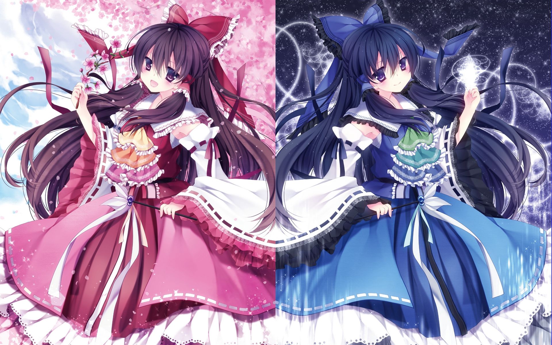 1920x1200 Phone wallpaper: Anime, Touhou, Blue Dress, Blue Hair, Brown Hair, Cherry Blossom, Long Hair, Red Dress, Reimu Hakurei, Ribbon 733938