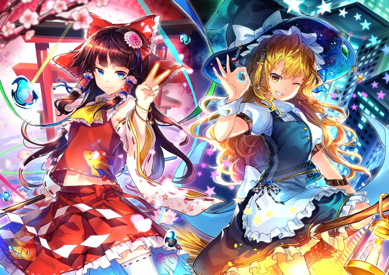 1500x1061 Female anime character wearing red dress illustration, Touhou, Hakurei Reimu, flying, rainbows HD wallpaper