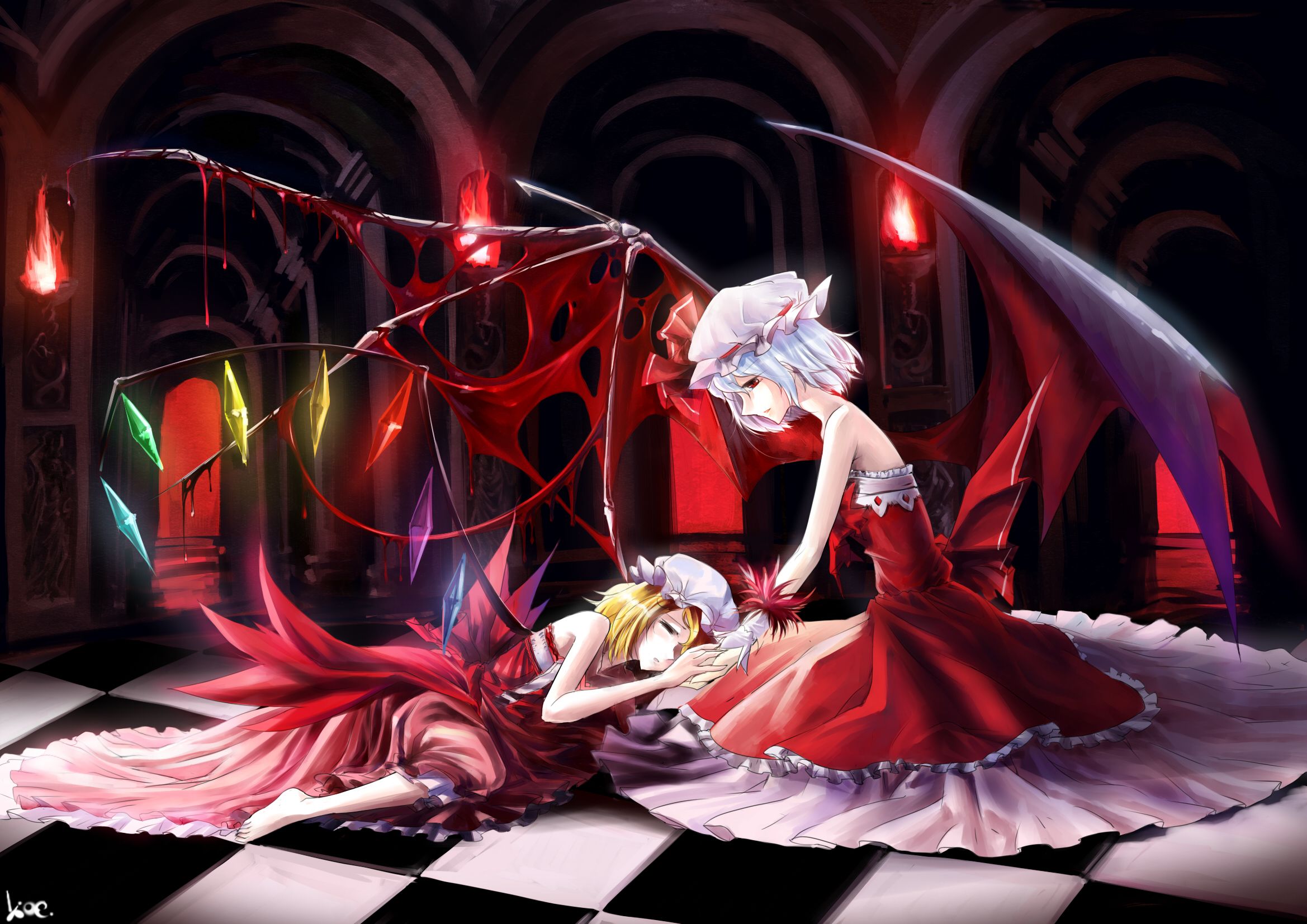 2338x1653 Phone wallpaper: Anime, Touhou, Barefoot, Blonde, Blue Hair, Dress, Flandre Scarlet, Hat, Lying Down, Red Dress, Red Eyes, Remilia Scarlet, Wings 791675