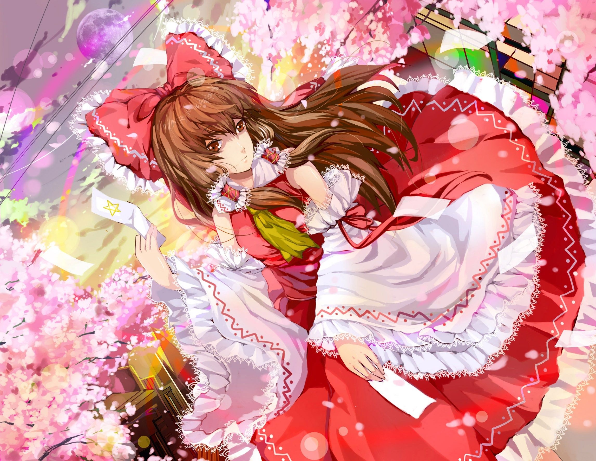 2293x1772 Wallpaper amulet, priestess, lace, cherry blossoms, red bow, Hakurei Reimu, Touhou Project, Project East for mobile and desktop, section игры, resolution 2293x1772