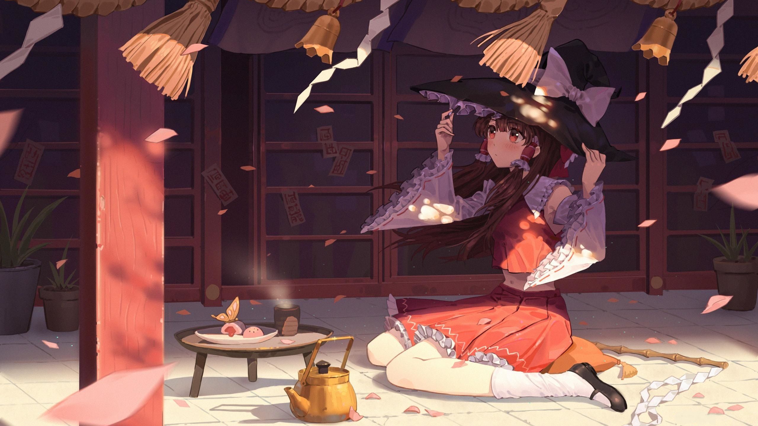 2560x1440 Wallpaper kettle, priestess, Golf, veranda, in the hat, cherry blossoms, Japanese Temple, Hakurei Reimu for mobile and desktop, section игры, resolution 2560x1440