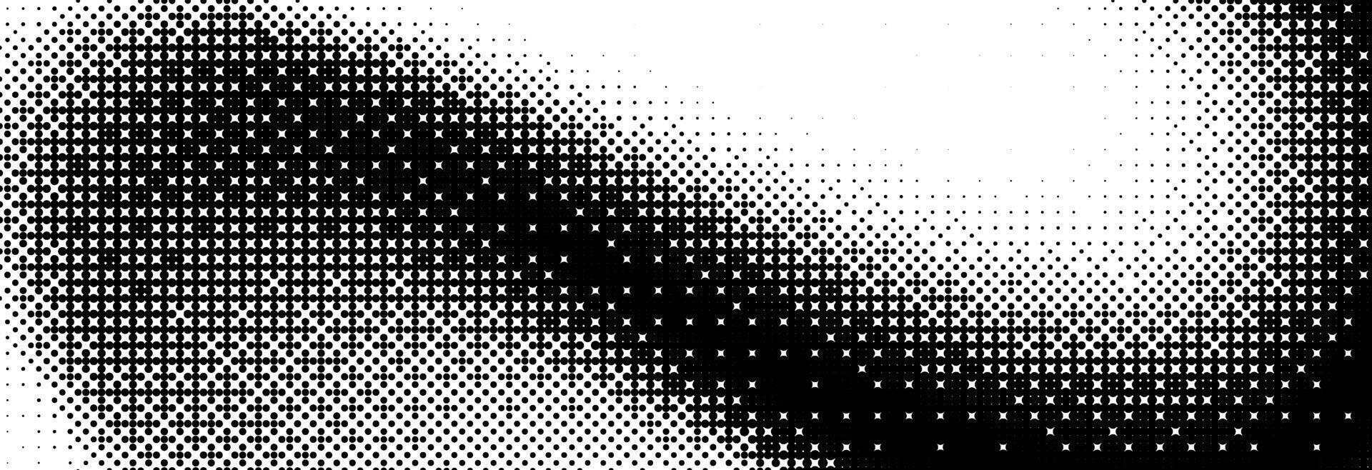1920x658 Bitmap grunge gradient texture background. Black and white pixelated dither wave pattern. Abstract glitchy 8 bit game wallpaper. Retro wide rasterized backdrop. Pixel art illustration