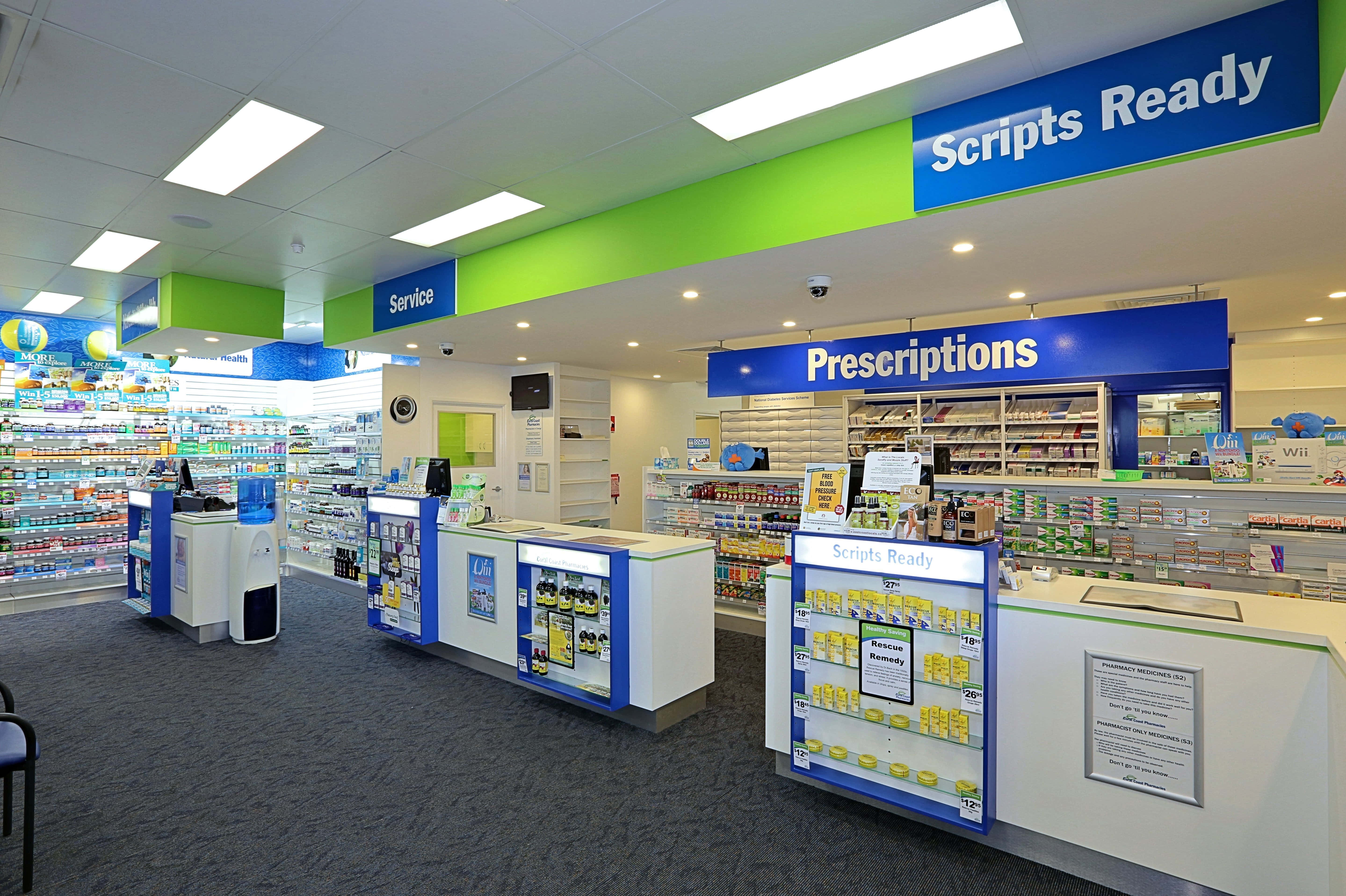 5756x3832 Download a pharmacy with a blue and green wall Background