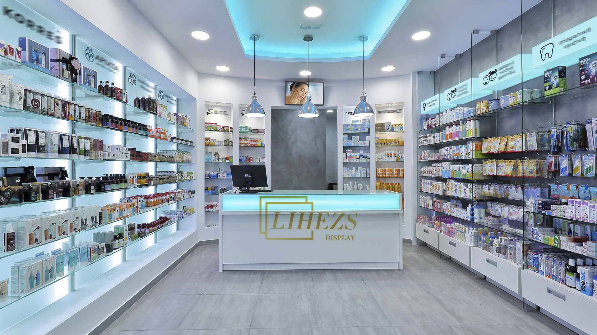 1920x1080 Wall Shelves Stand Pharmacy Store Furniture Interior Design MDF Health Shop Medical Glass Display Rack Modern Pharmacy Shelf.
