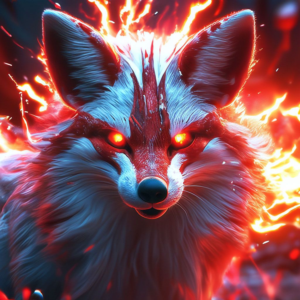1024x1024 Tibetan fox, megarealism, high detail, atomic explosion, red, black, white, neon, anthropomorphic, burning eyes