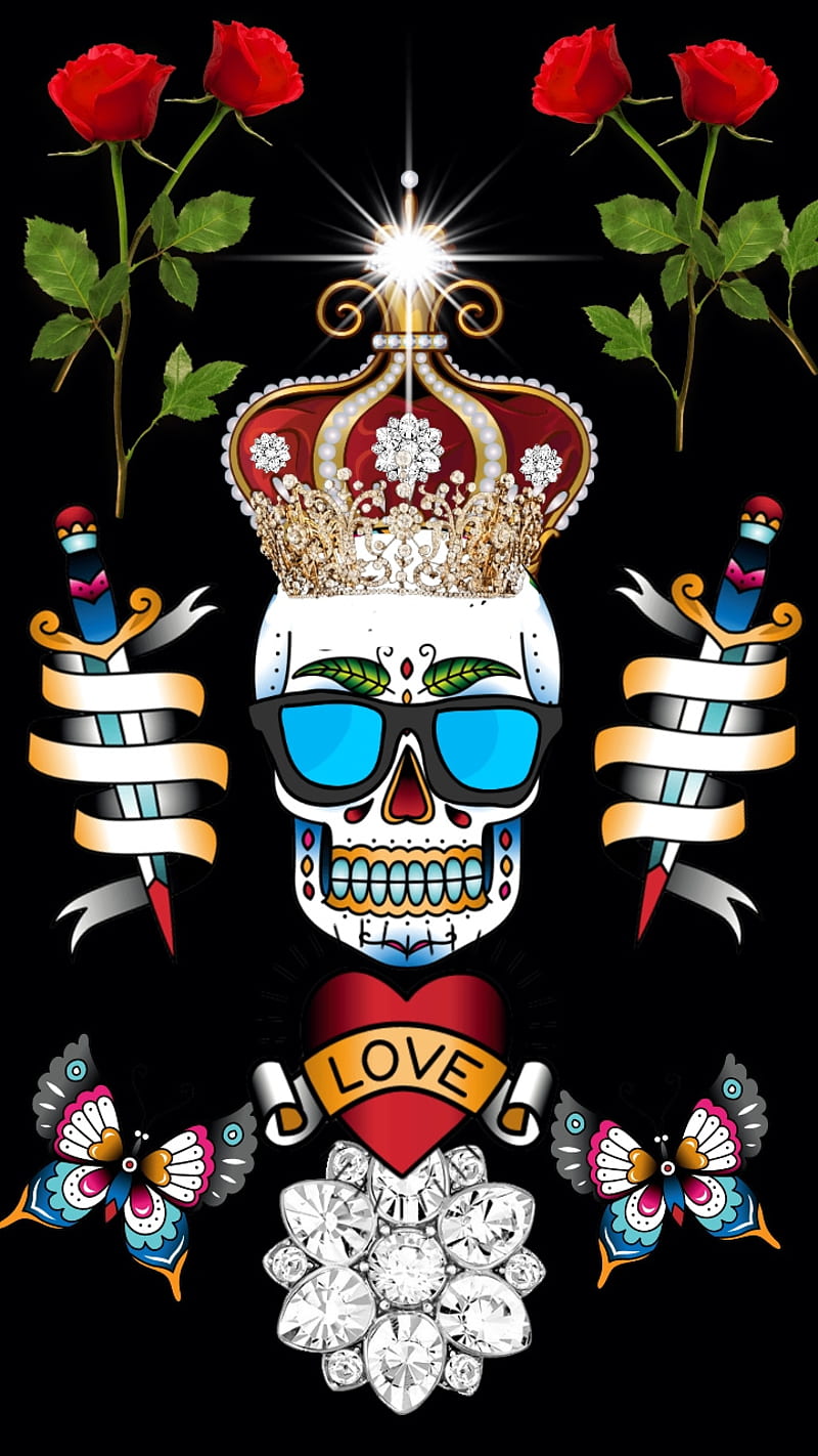 800x1422 King Me, butterflies, crown, diamonds, corazones, love, roses, skull, sugar, HD phone wallpaper