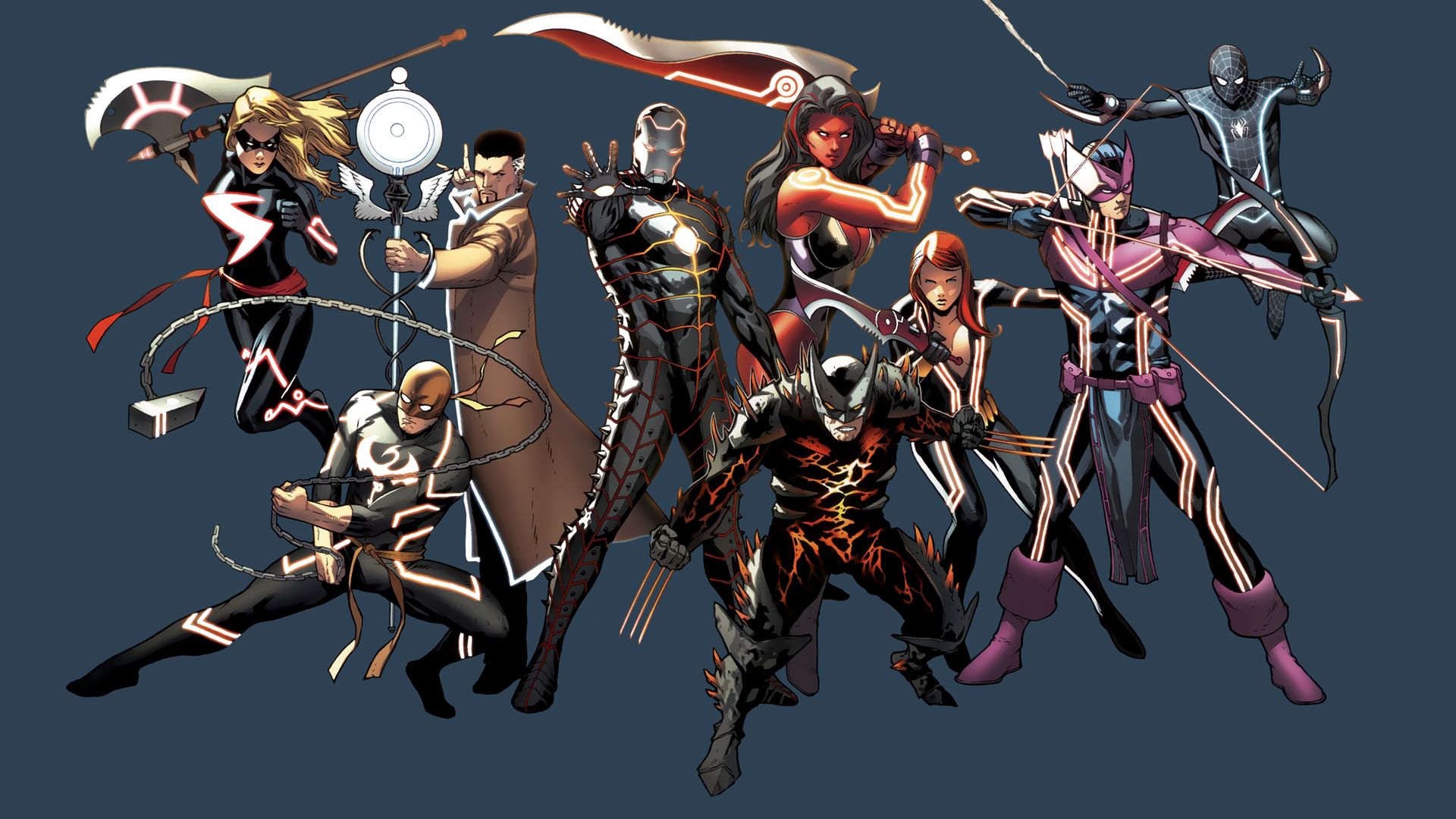 1920x1080 Phone wallpaper: Superhero, Comics, Collage, Black Widow, Hawkeye, Iron Fist (Marvel Comics), Iron Man, Spider Man, Wolverine 224018